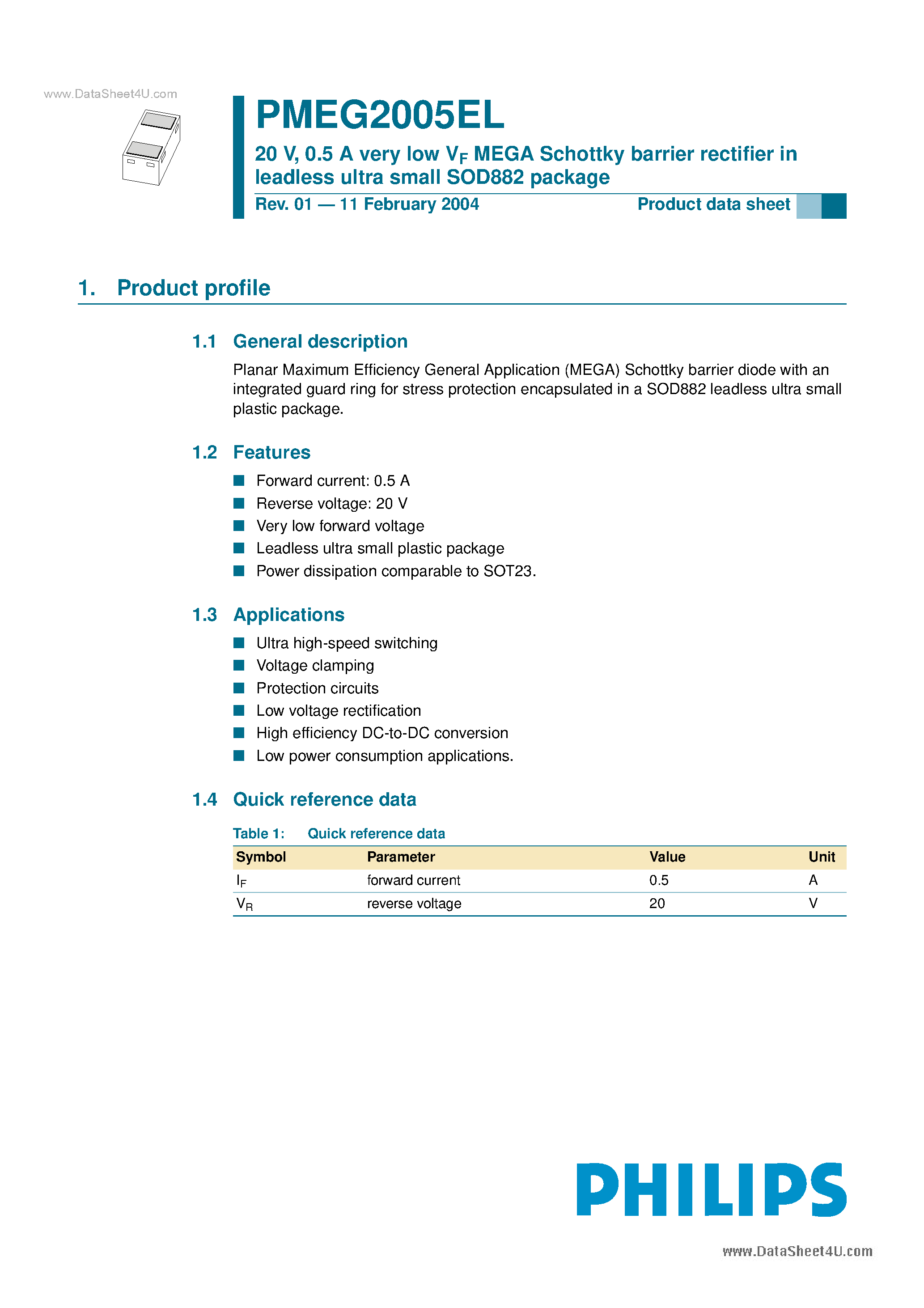 Datasheet PMEG2005EL - 0.5 A very low VF MEGA Schottky barrier rectifier page 1