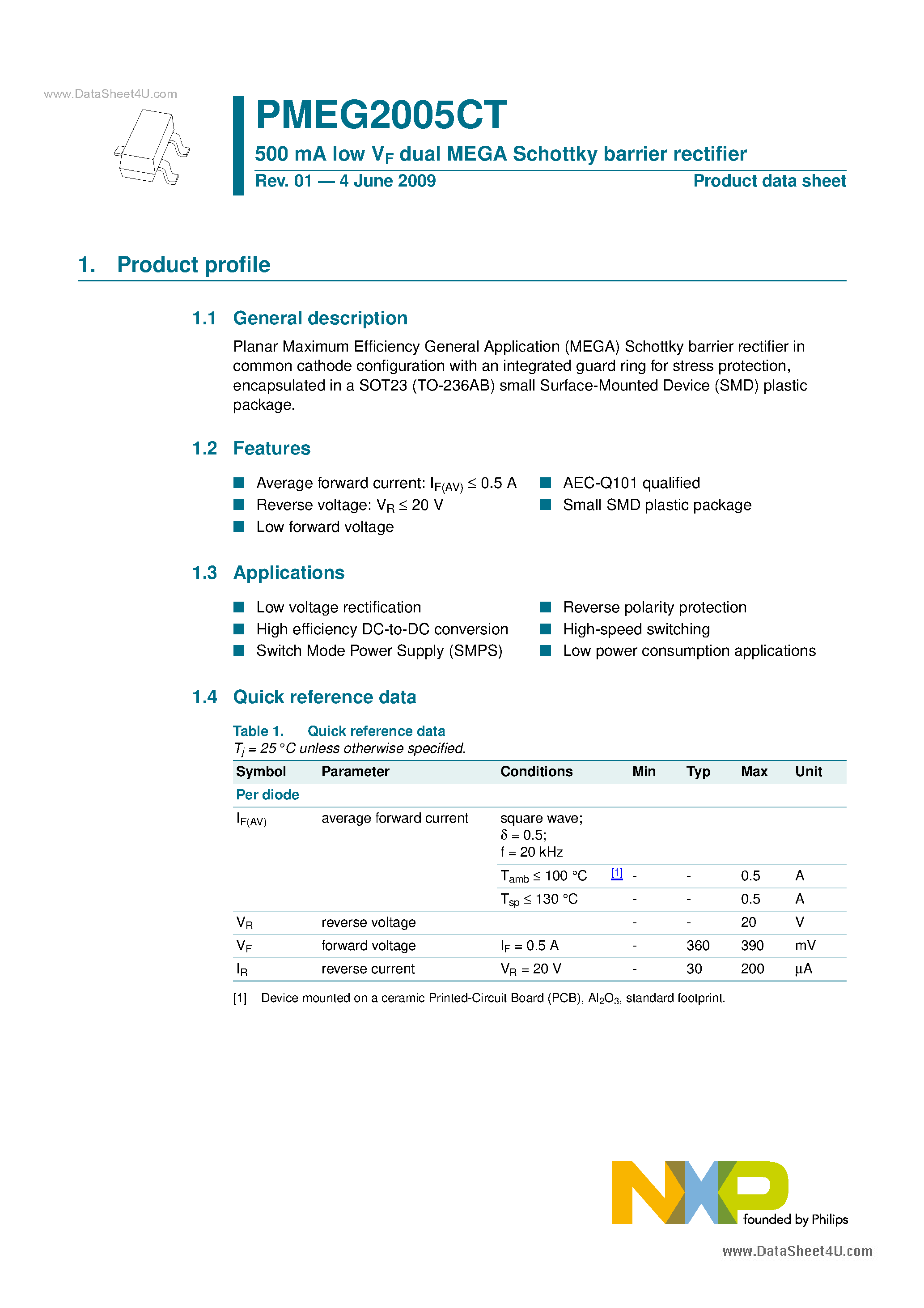 Даташит PMEG2005CT - 500 MA Low Vf Dual MEGA Schottky Barrier Rectifier страница 1