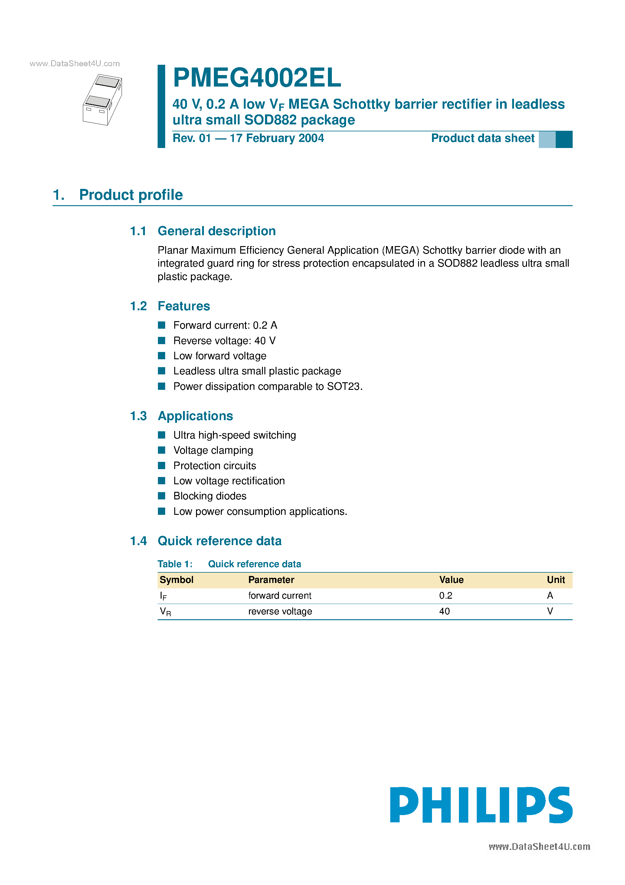 Datasheet PMEG4002EL - 0.2 A LOW V-f MEGA SCHOTTKY BARRIER RECTIFIER page 1