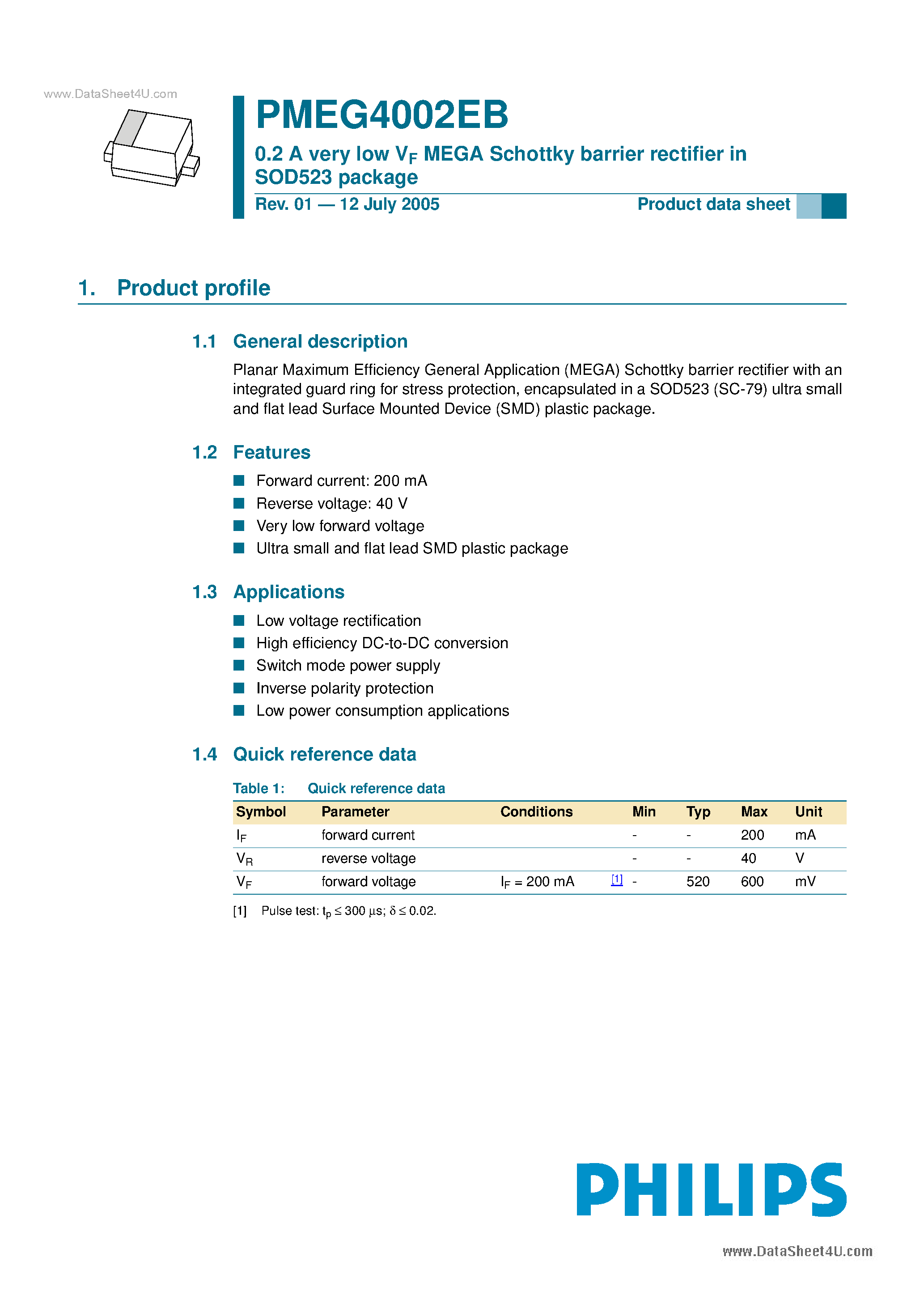 Datasheet PMEG4002EB - 0.2 A very low Vf MEGA Schottky barrier rectifier page 1