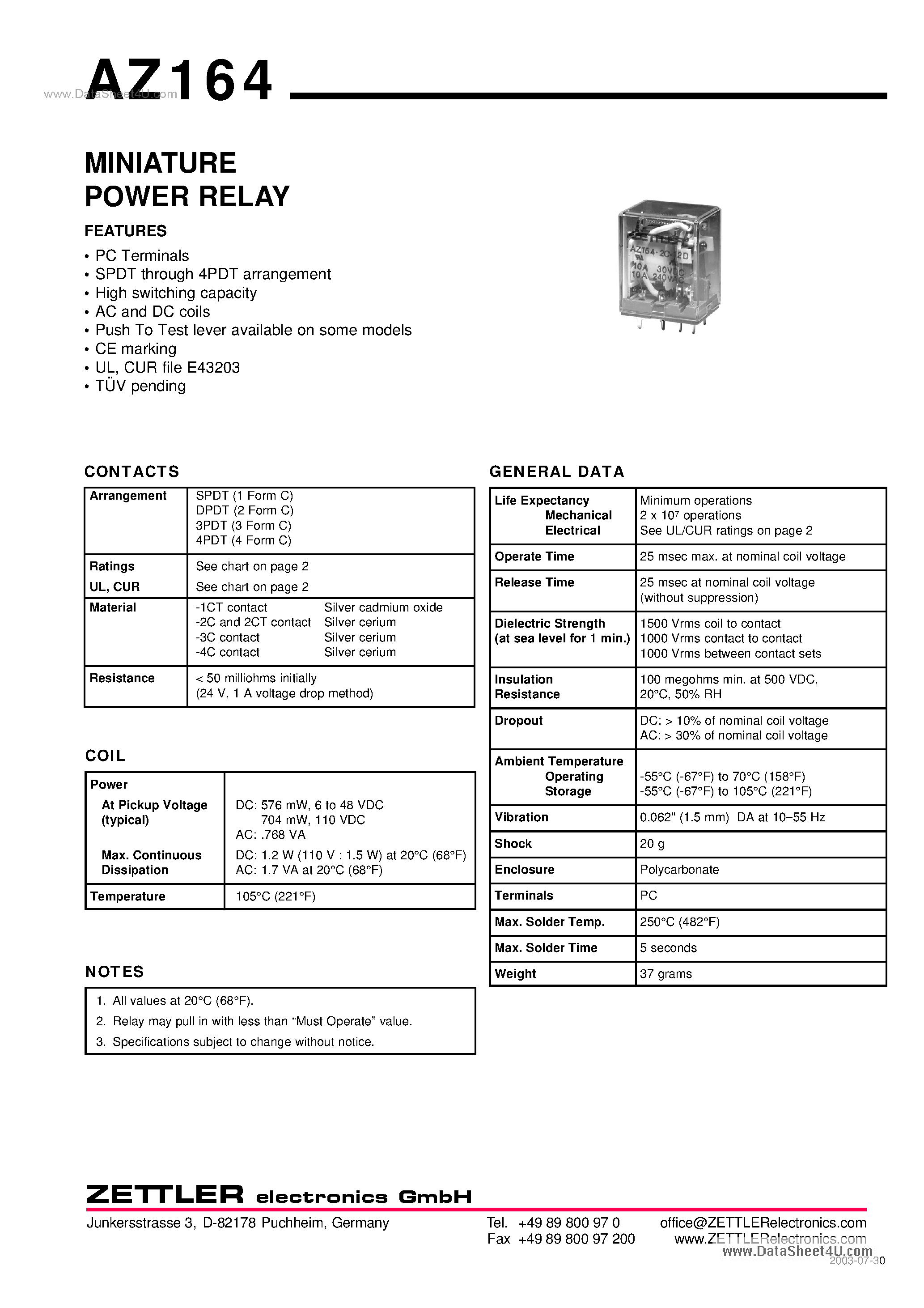 Даташит на микросхему AZ164 страница 1 Даташит AZ164 - MINIATURE POWER RELAY страница 1