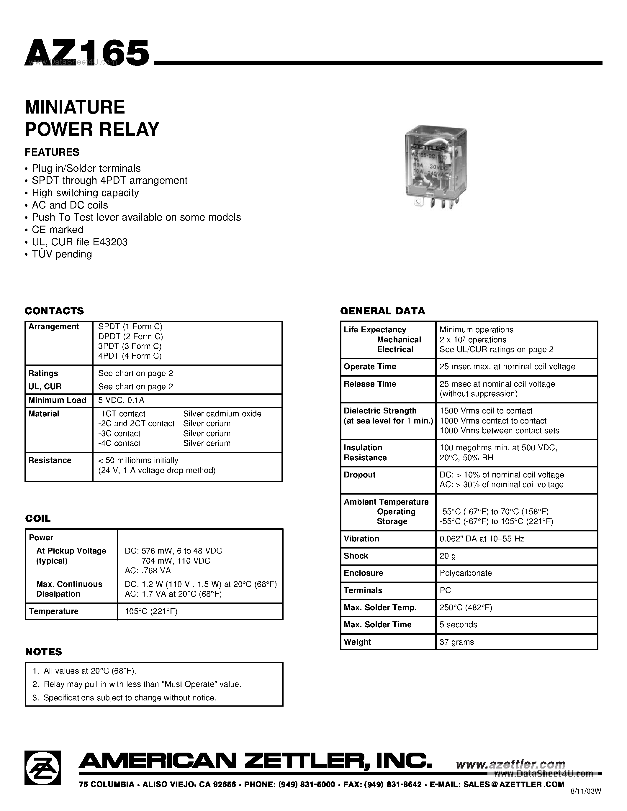 Даташит на микросхему AZ165 страница 1 Даташит AZ165 - MINIATURE POWER RELAY страница 1