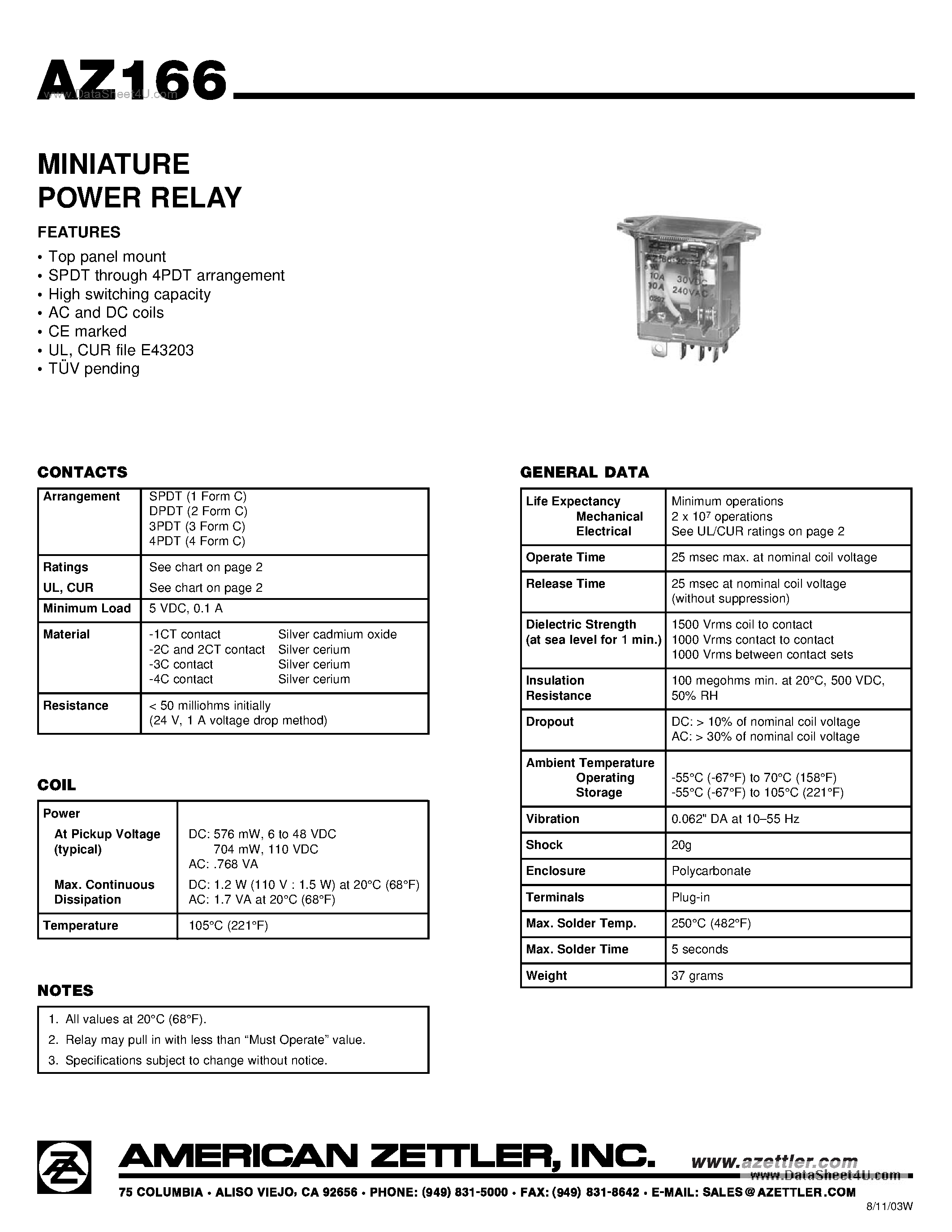 Даташит на микросхему AZ166 страница 1 Даташит AZ166 - MINIATURE POWER RELAY страница 1