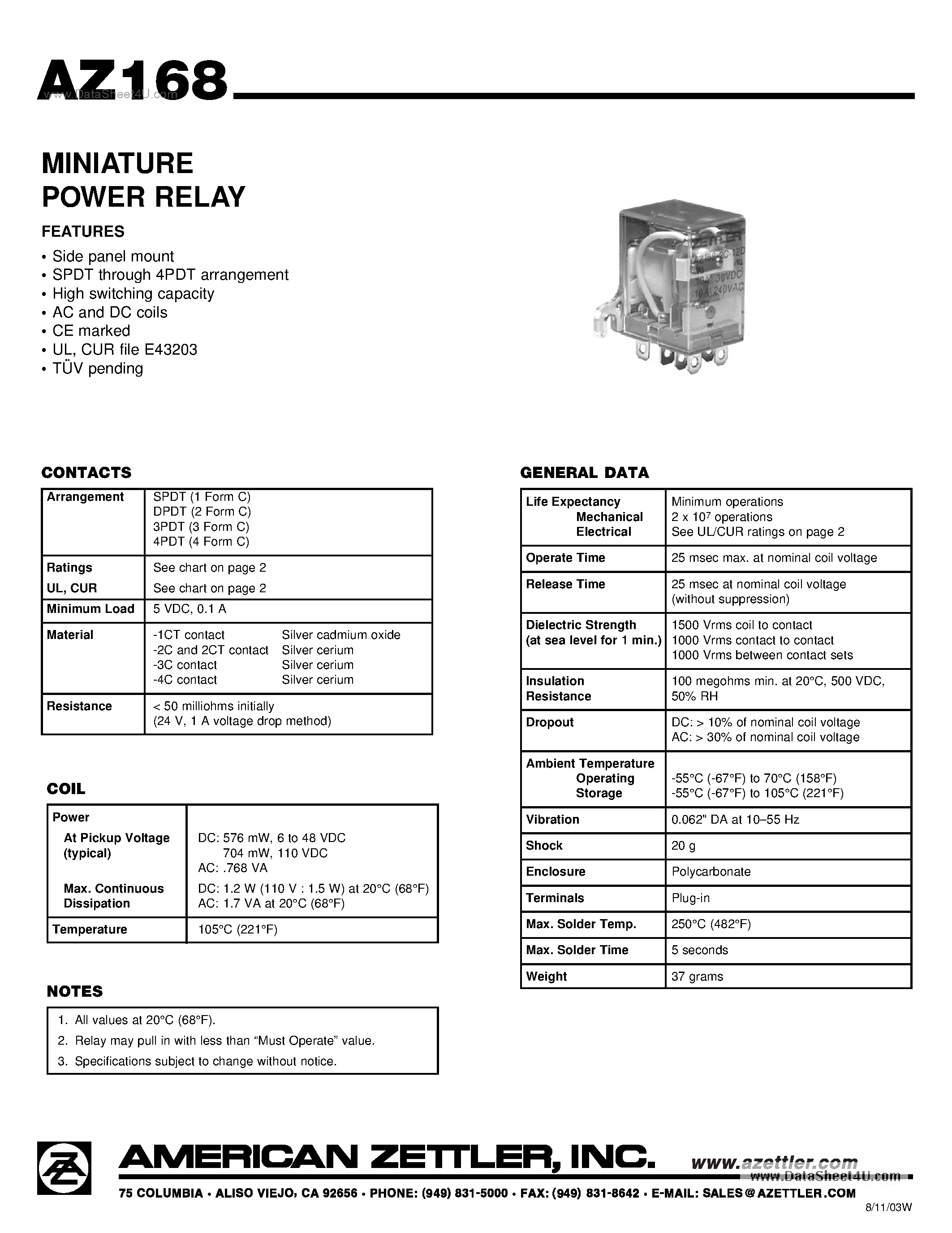 Даташит на микросхему AZ168 страница 1 Даташит AZ168 - MINIATURE POWER RELAY страница 1