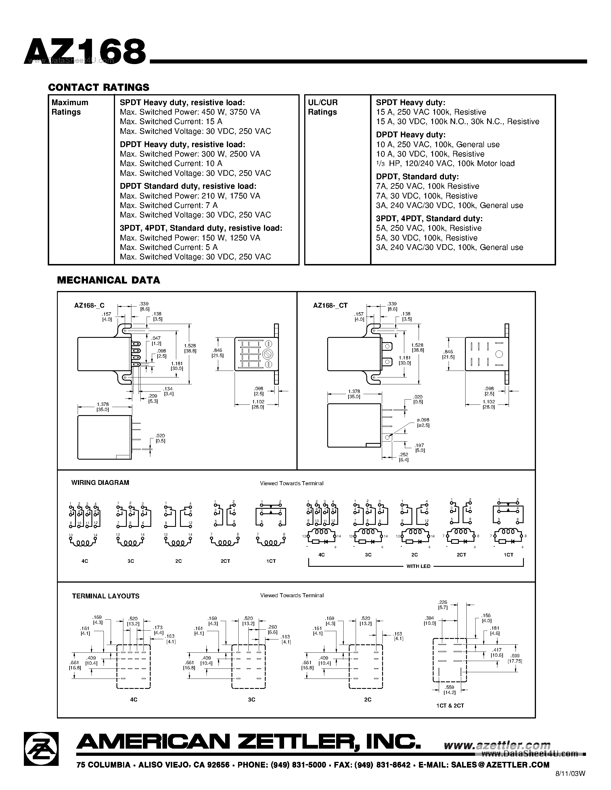 Даташит на микросхему AZ168 страница 2 Даташит AZ168 - MINIATURE POWER RELAY страница 2