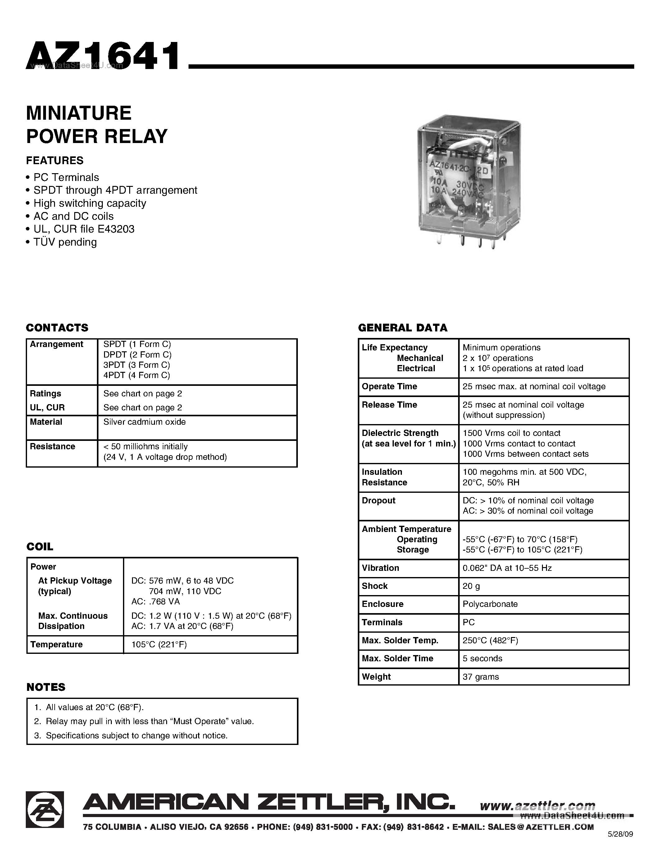 Даташит AZ1641 - MINIATURE POWER RELAY страница 1