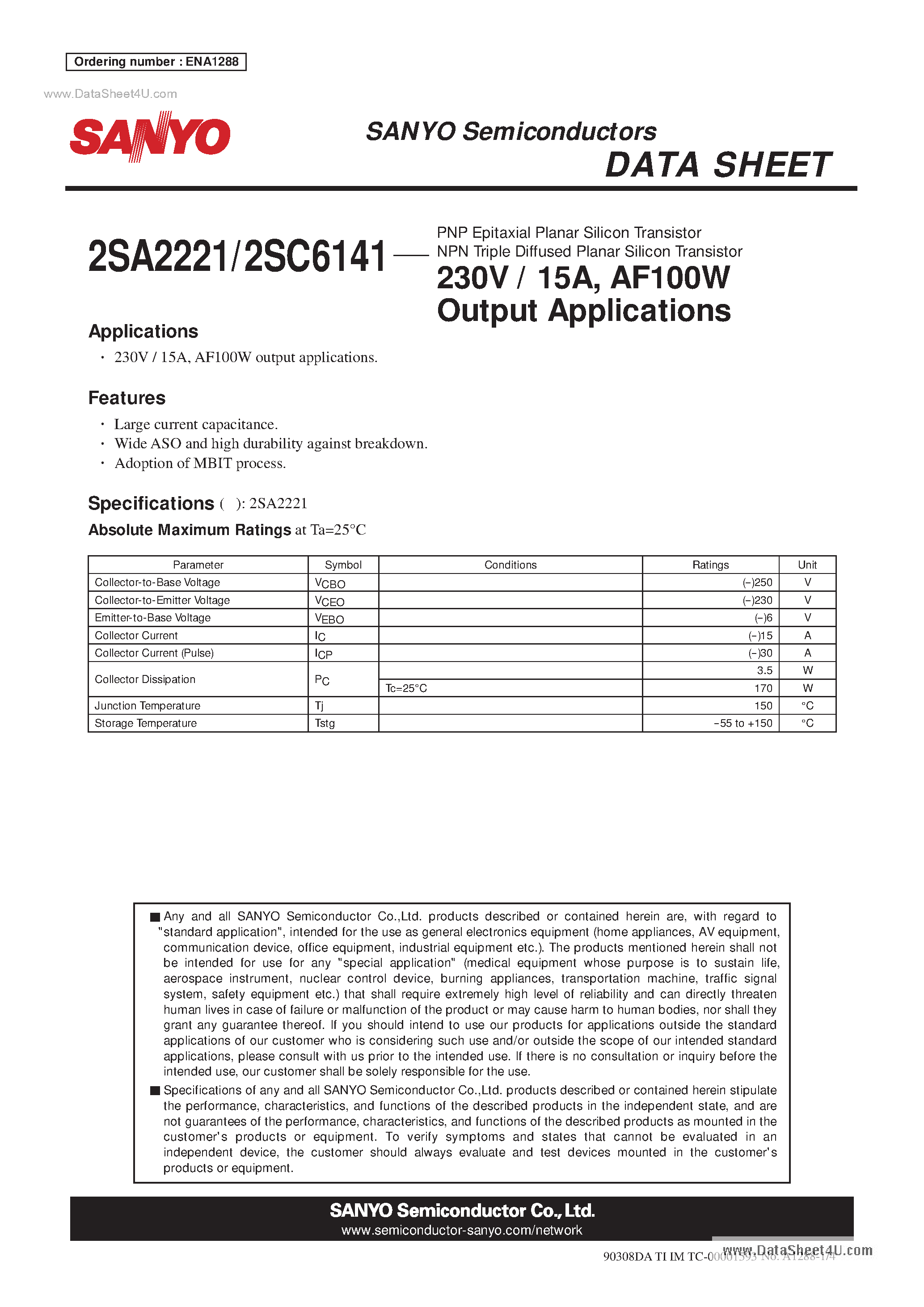 Datasheet 2SA2221 - AF100W Output Applications page 1