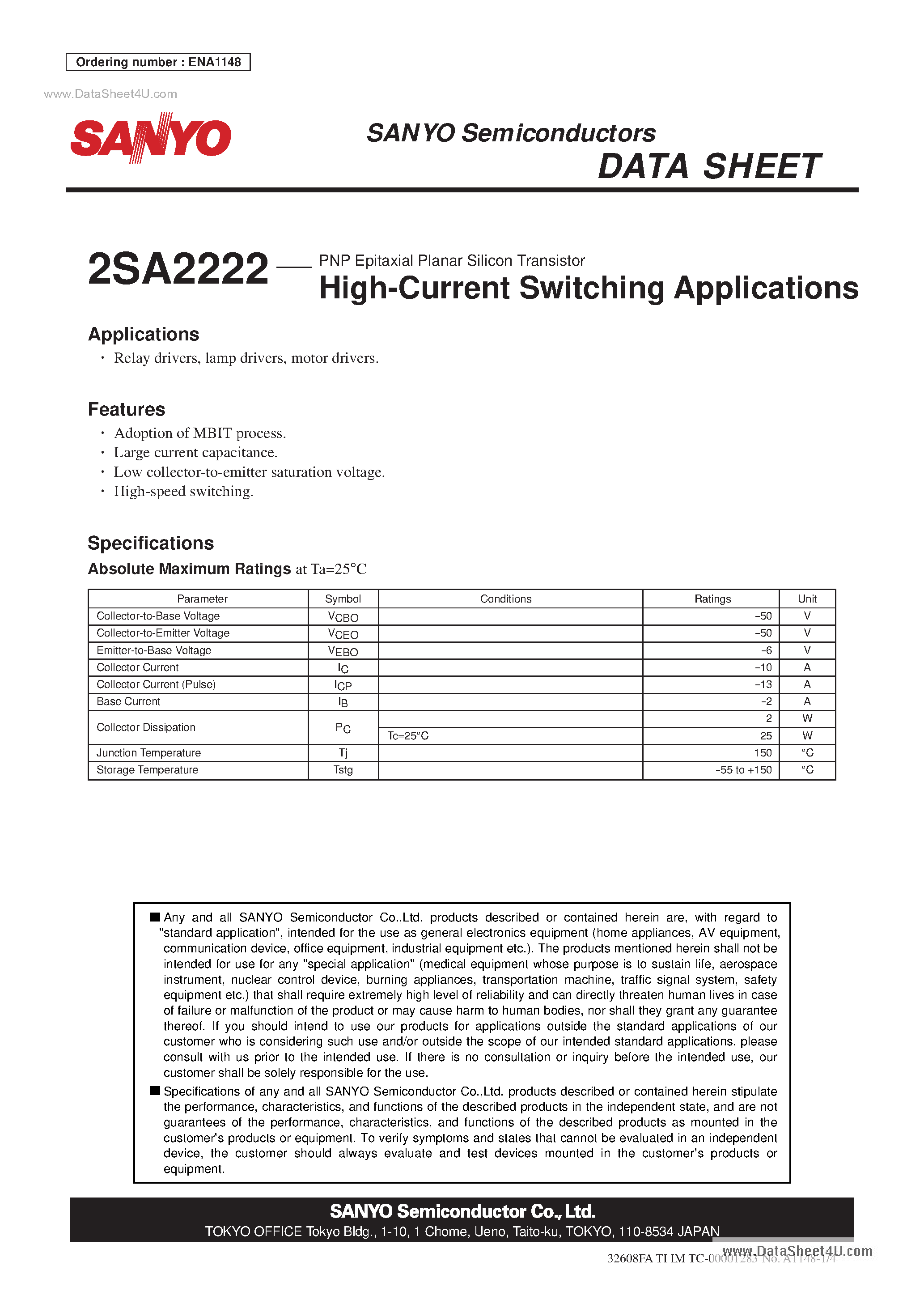 Datasheet 2SA2222 - High-Current Switching Applications page 1