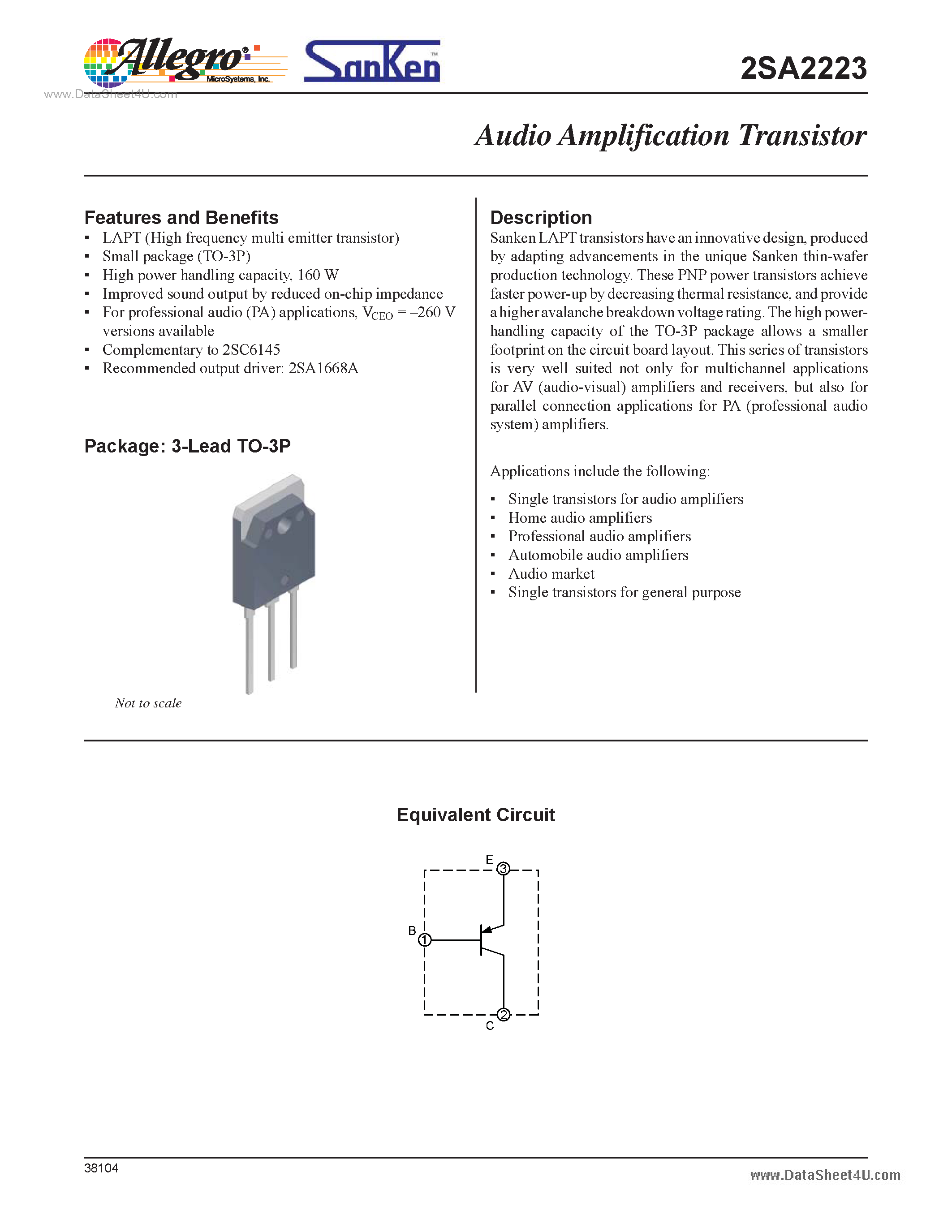 Datasheet 2SA2223 page 1 Datasheet 2SA2223 - Audio Amplification Transistor page 1