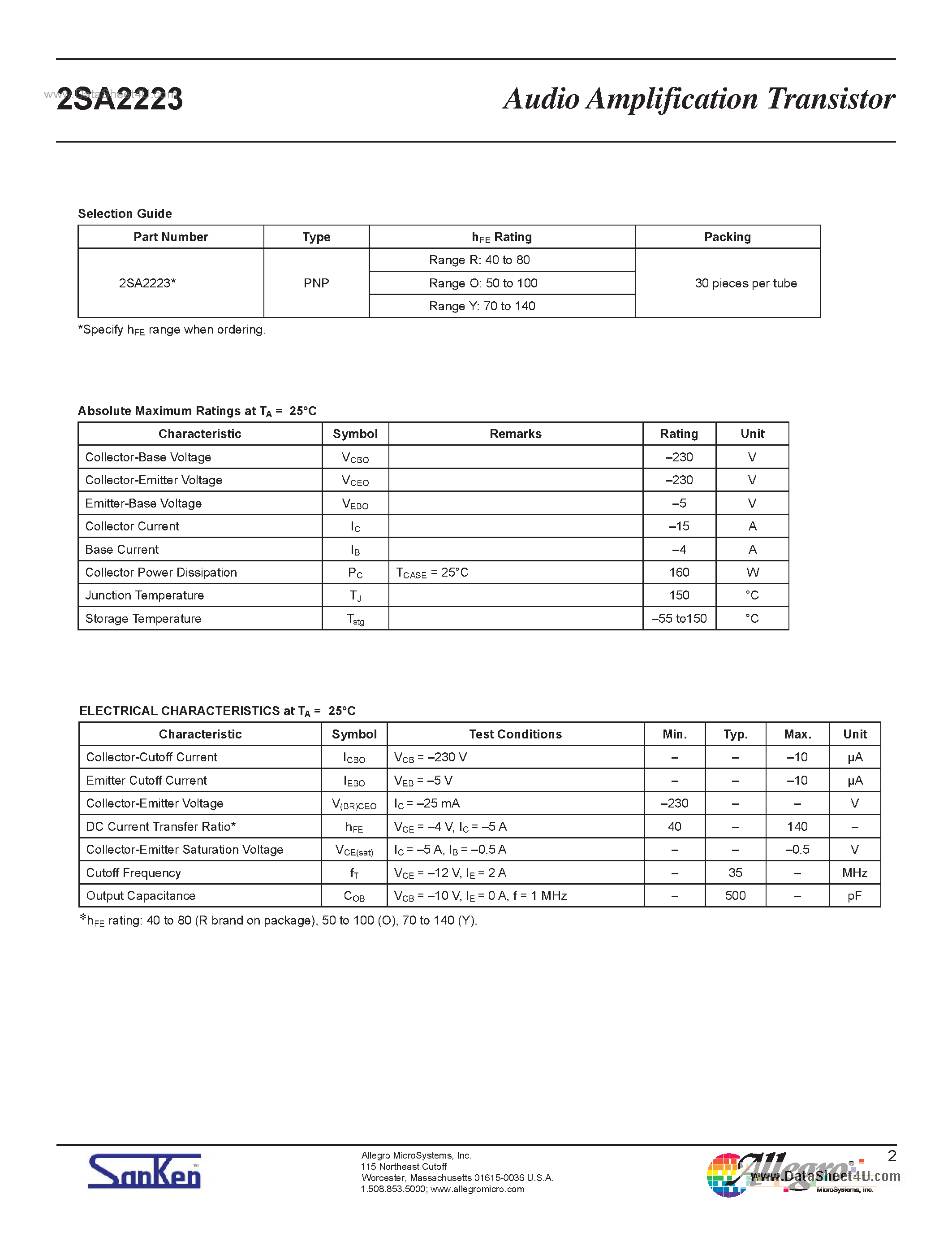 Datasheet 2SA2223 page 2 Datasheet 2SA2223 - Audio Amplification Transistor page 2