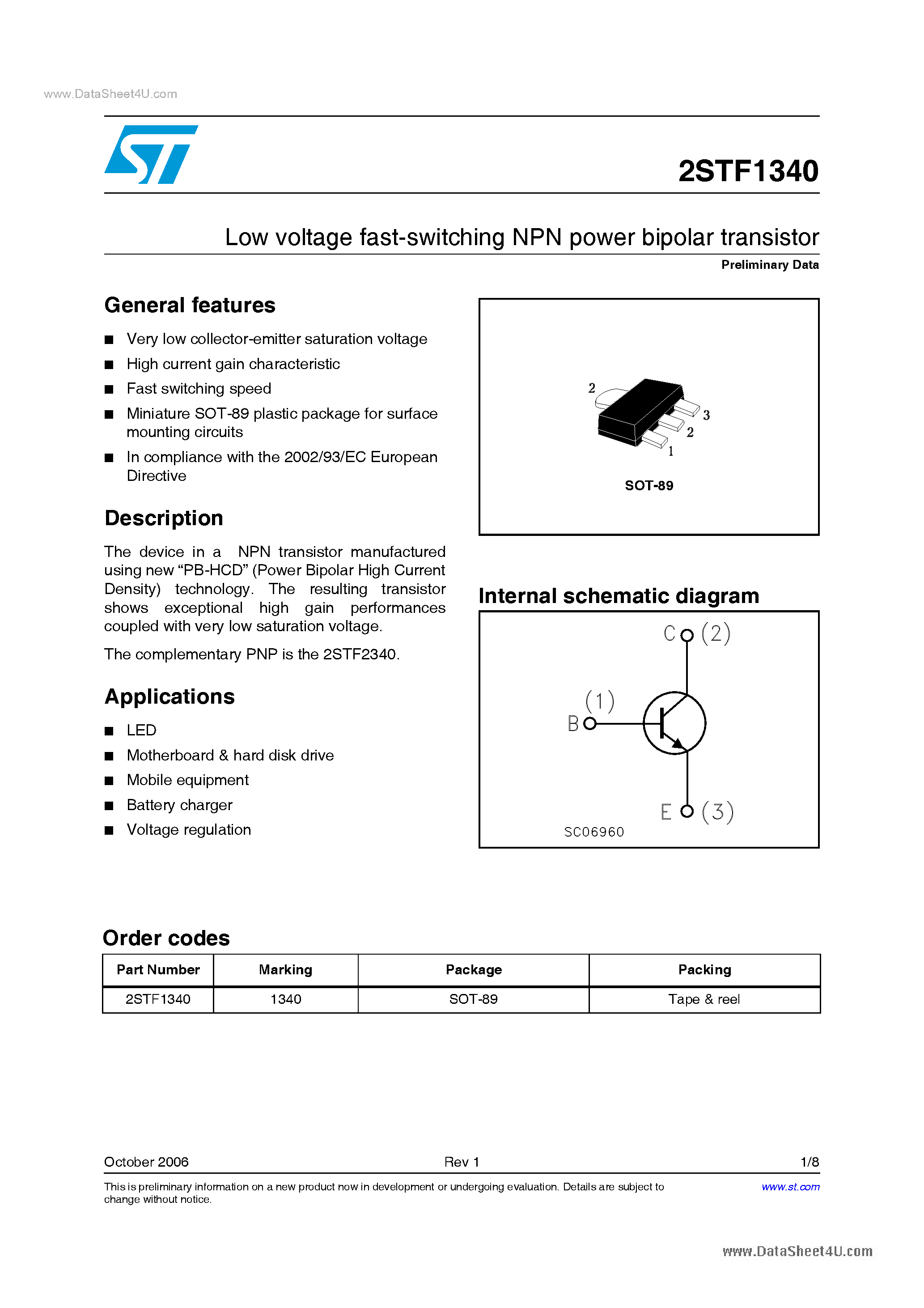 Даташит на микросхему 2STF1340 страница 1 Даташит 2STF1340 - Low voltage fast-switching NPN power bipolar transistor страница 1