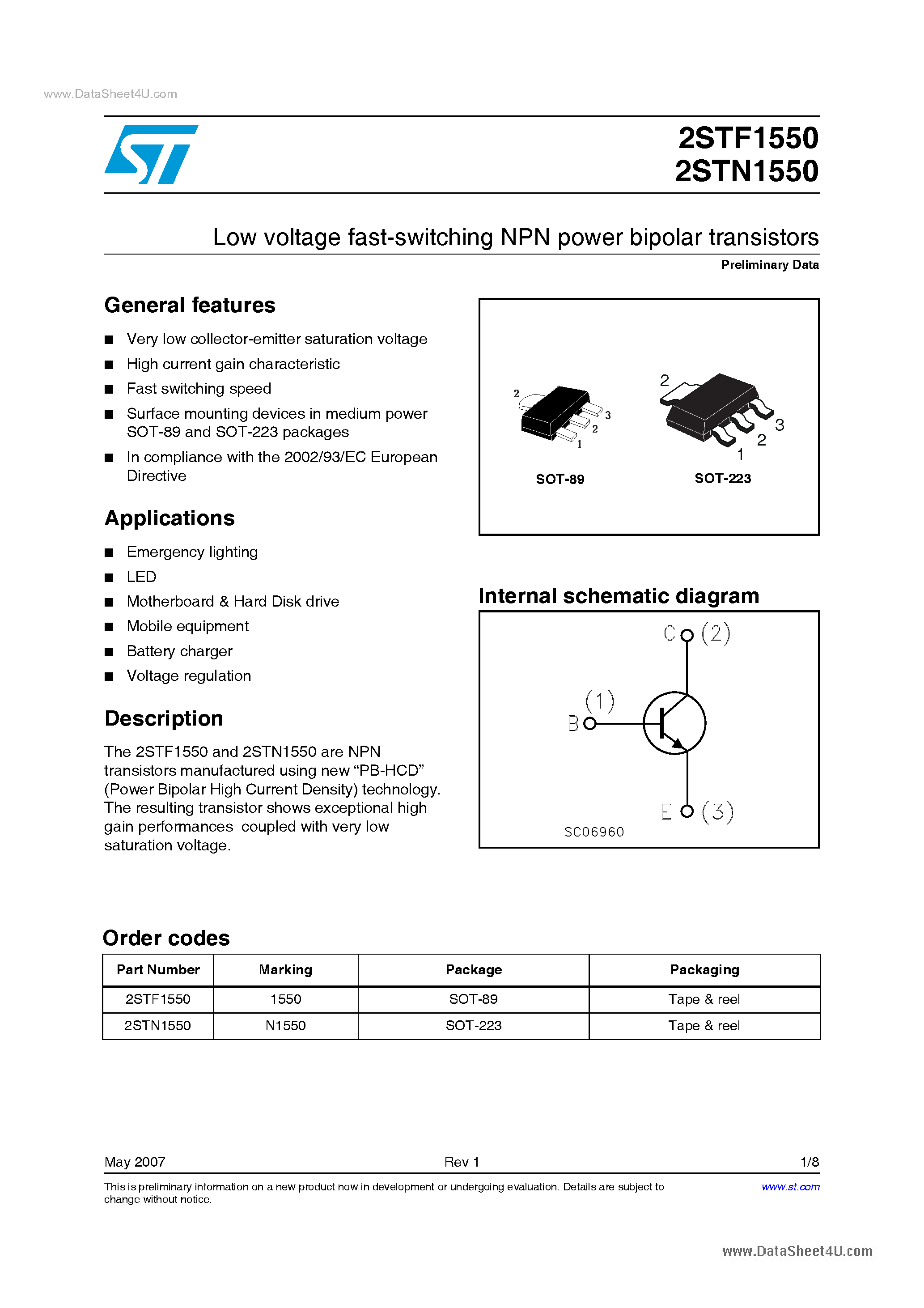 Даташит 2STF1550 - Low voltage fast-switching NPN power bipolar transistors страница 1