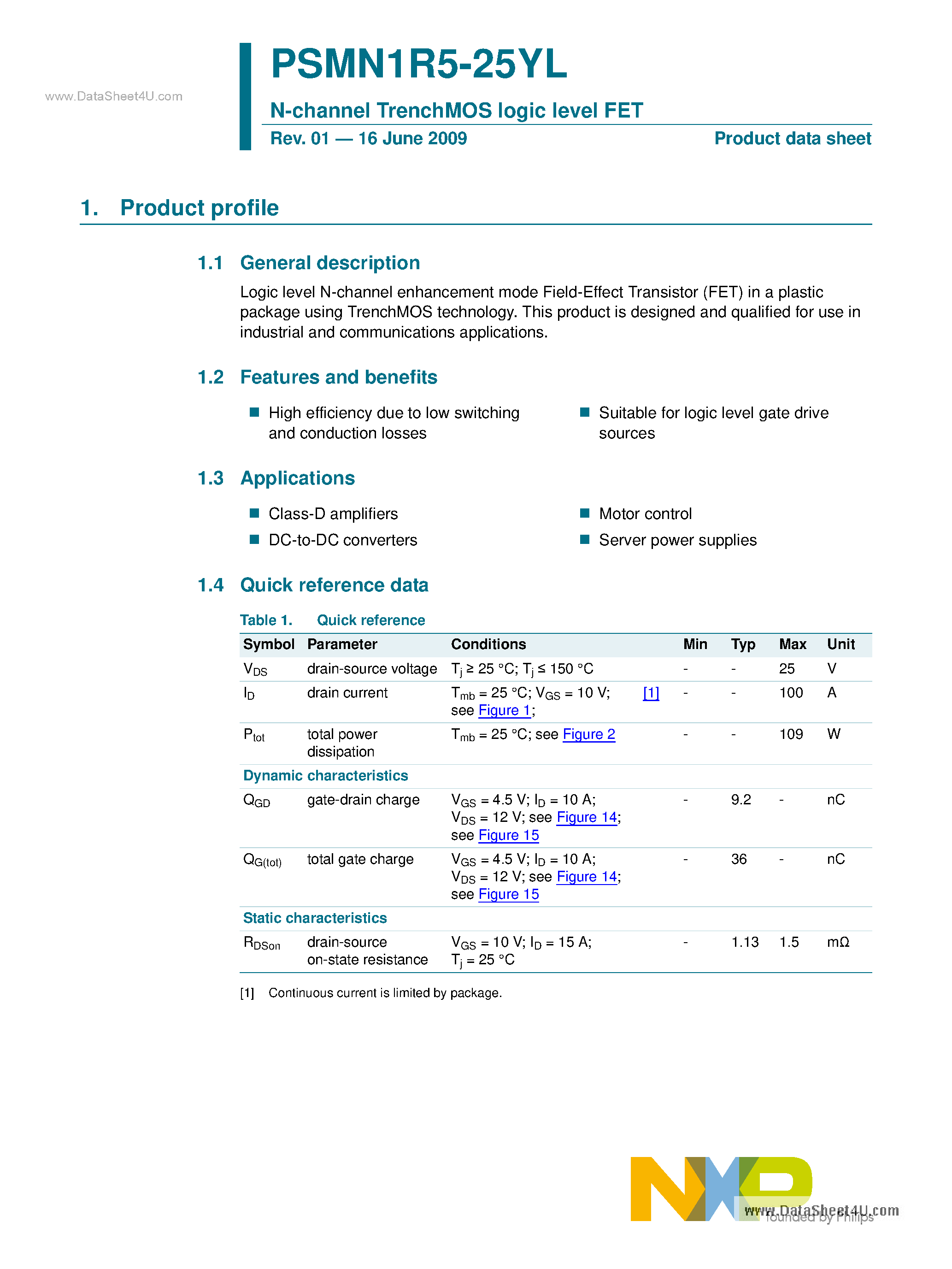 Datasheet PSMN1R5-25YL page 1 Datasheet PSMN1R5-25YL - N-channel TrenchMOS Logic Level FET page 1