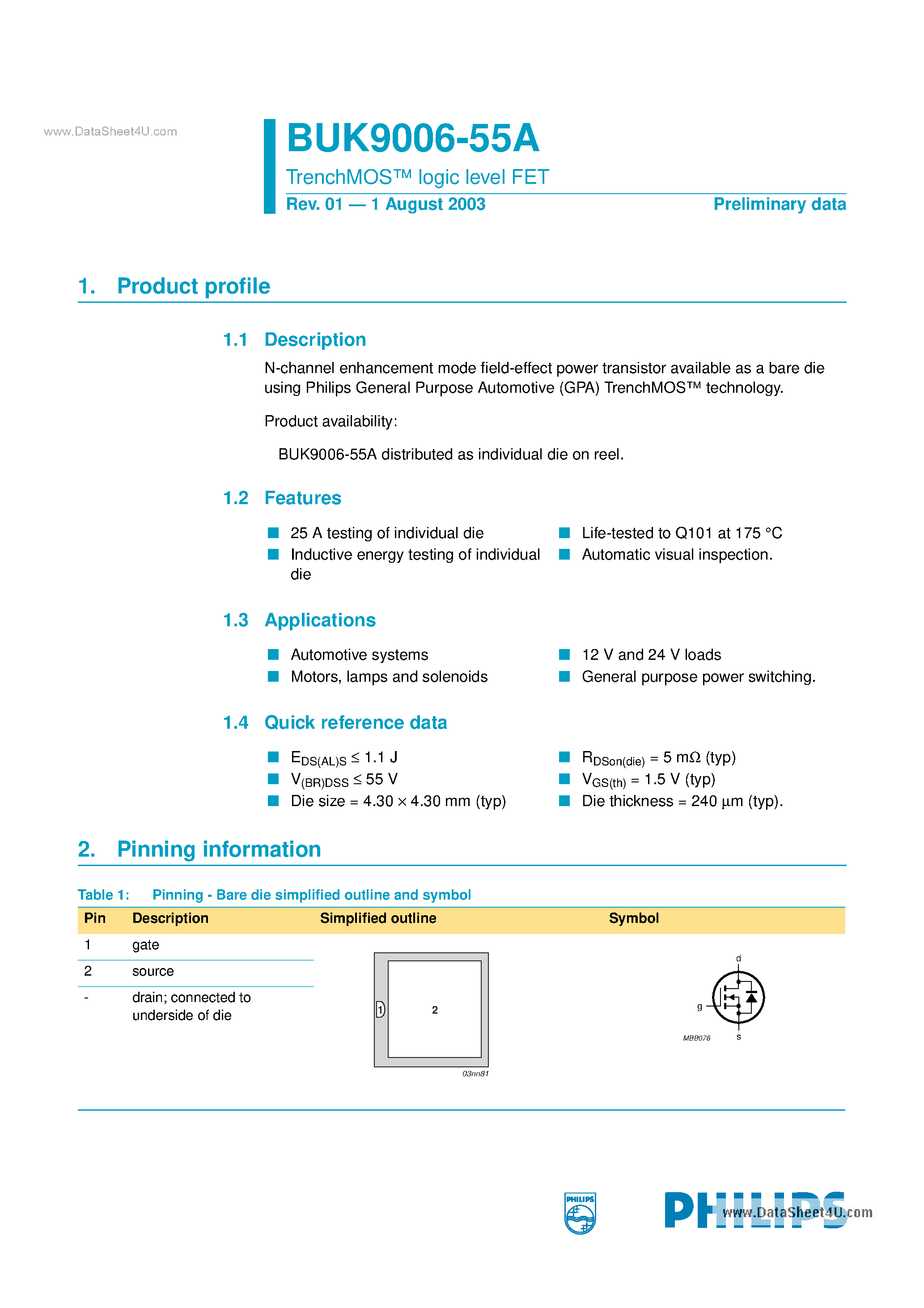 Datasheet BUK9006-55A - N-channel Enhancement mode field-effect power Transistor page 1