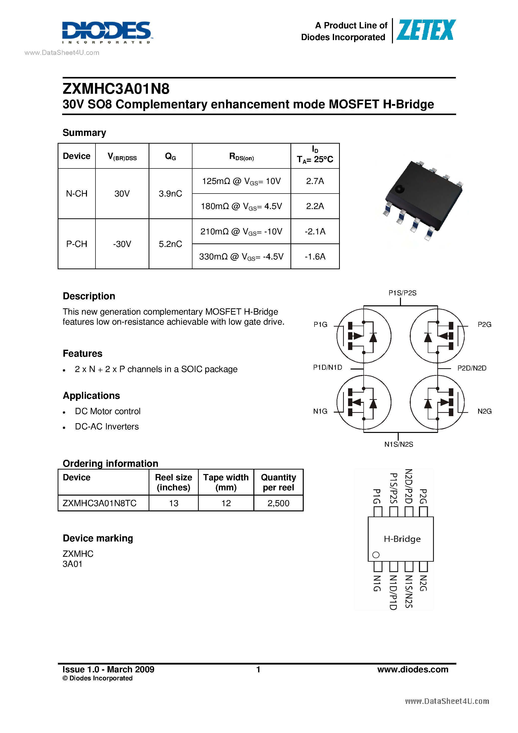Даташит ZXMHC3A01N8 - MOSFET H-Bridge страница 1
