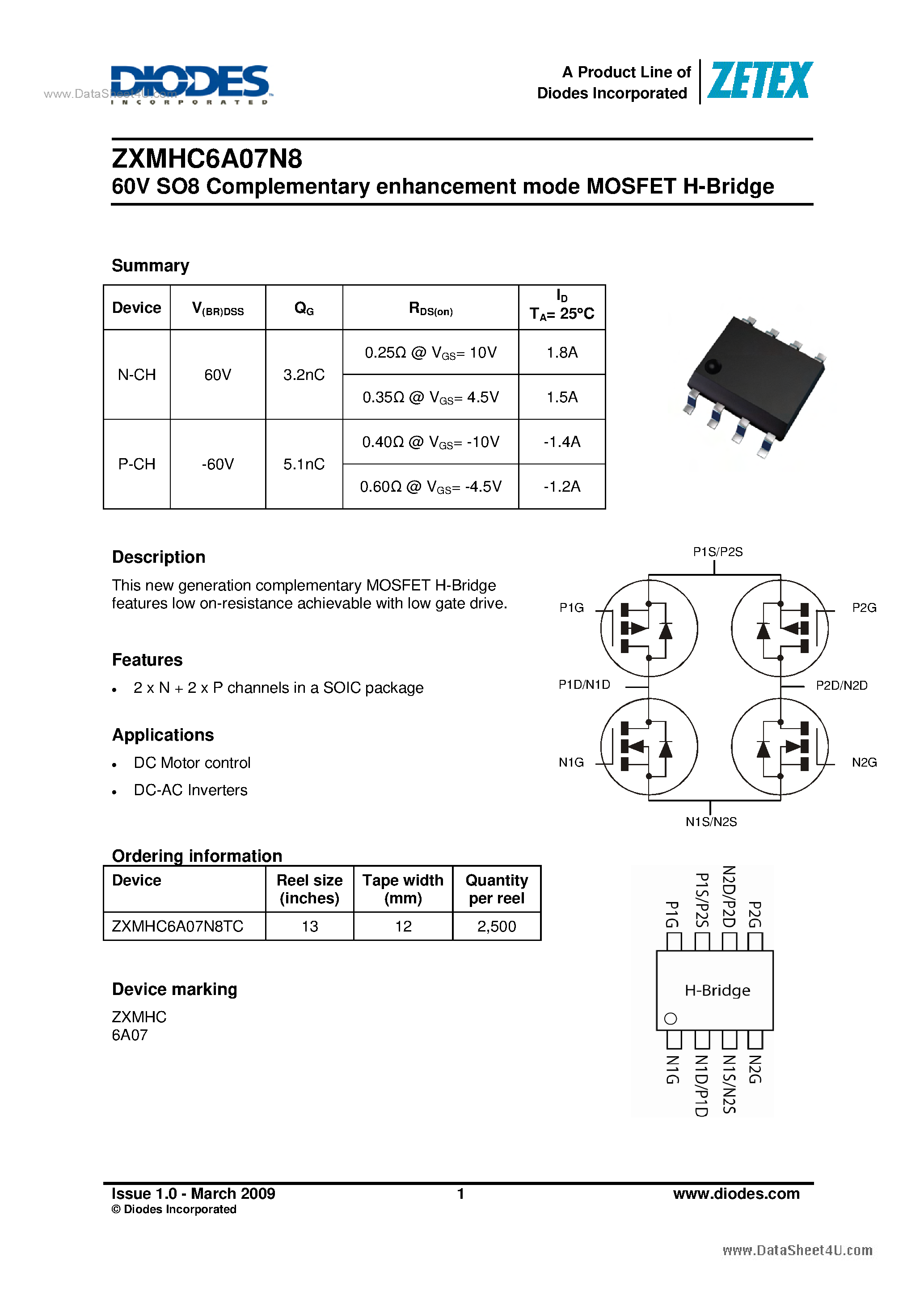 Даташит ZXMHC6A07N8 - MOSFET H-Bridge страница 1