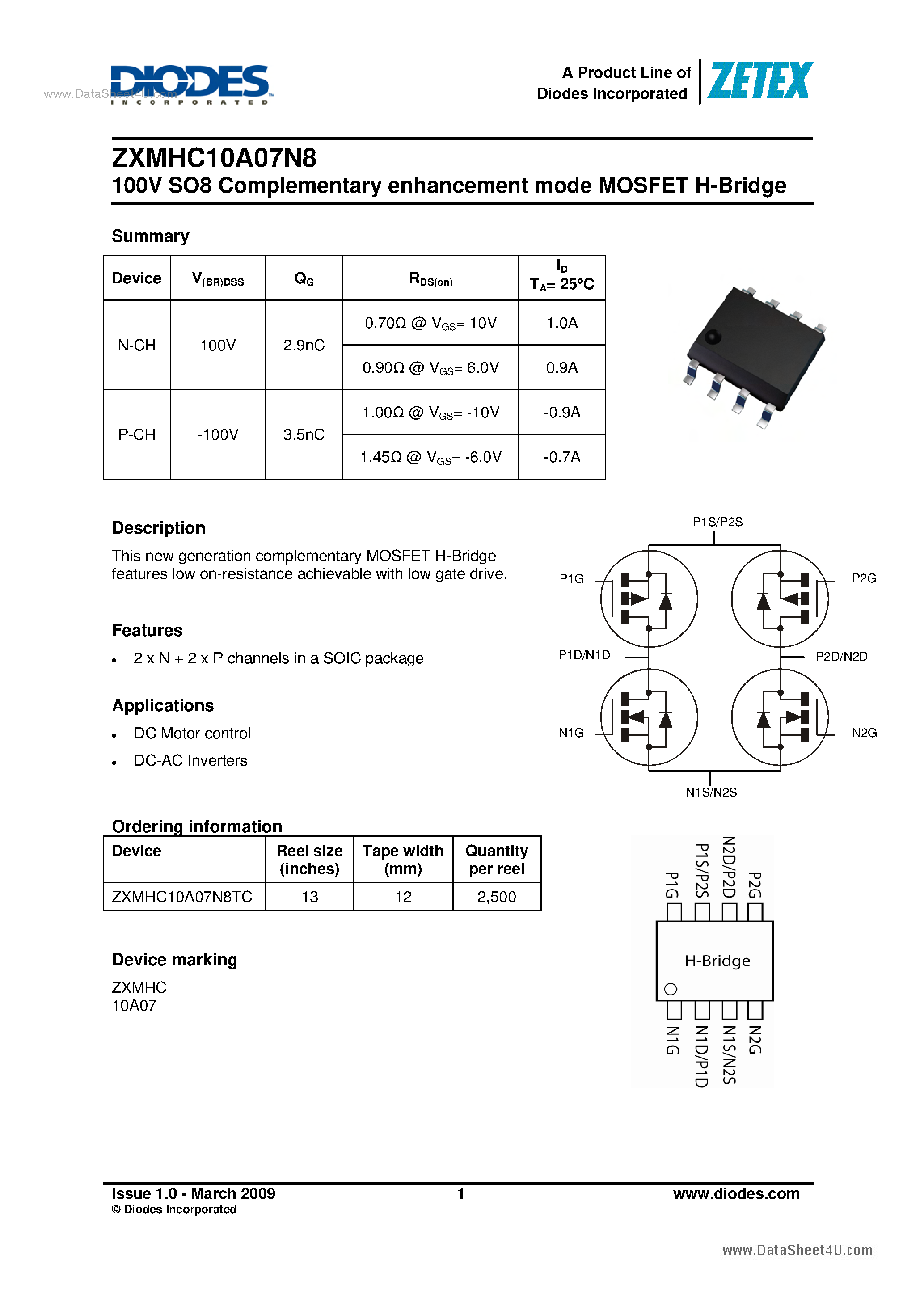 Даташит на микросхему ZXMHC10A07N8 страница 1 Даташит ZXMHC10A07N8 - MOSFET H-Bridge страница 1