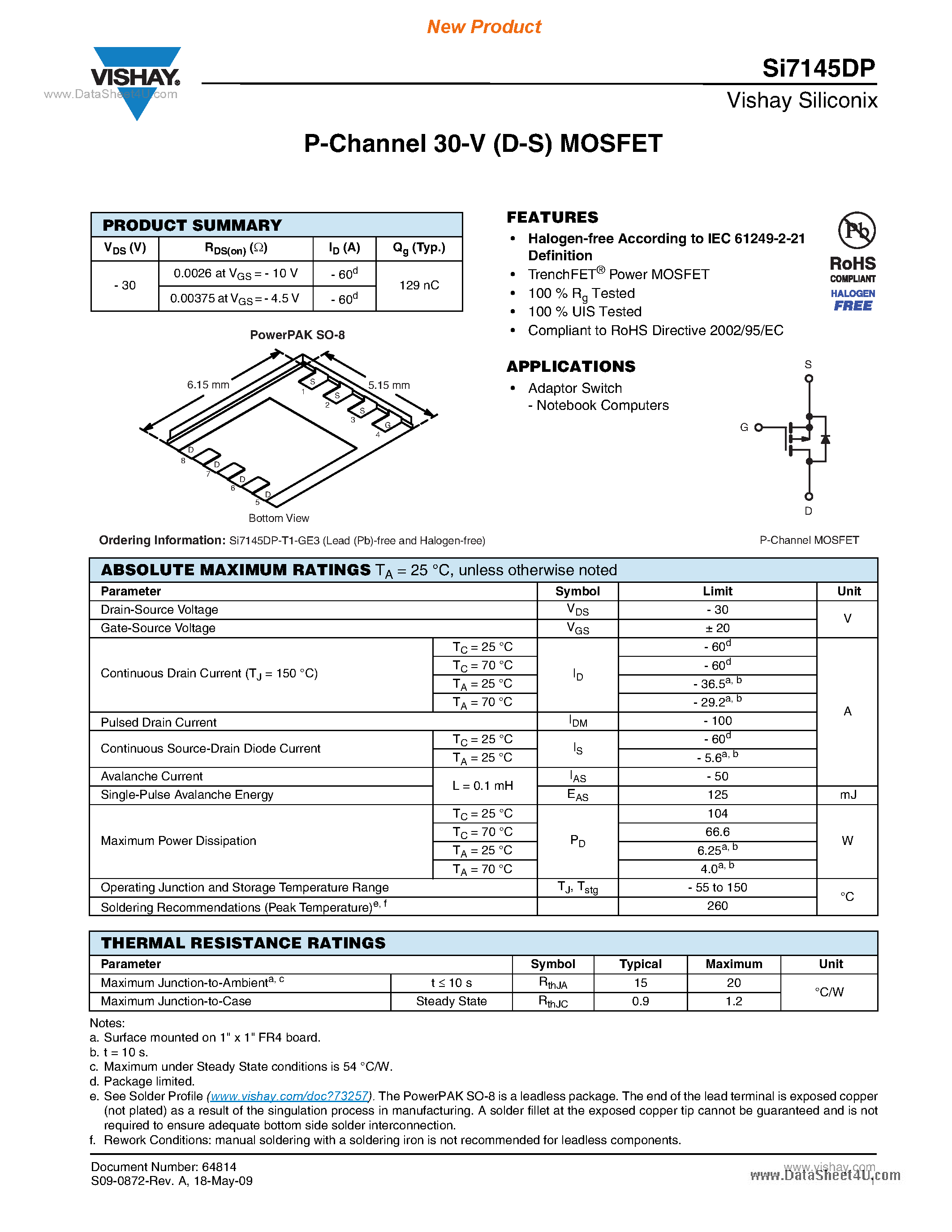 Даташит на микросхему Si7145DP страница 1 Даташит Si7145DP - P-Channel 30-V (D-S) MOSFET страница 1