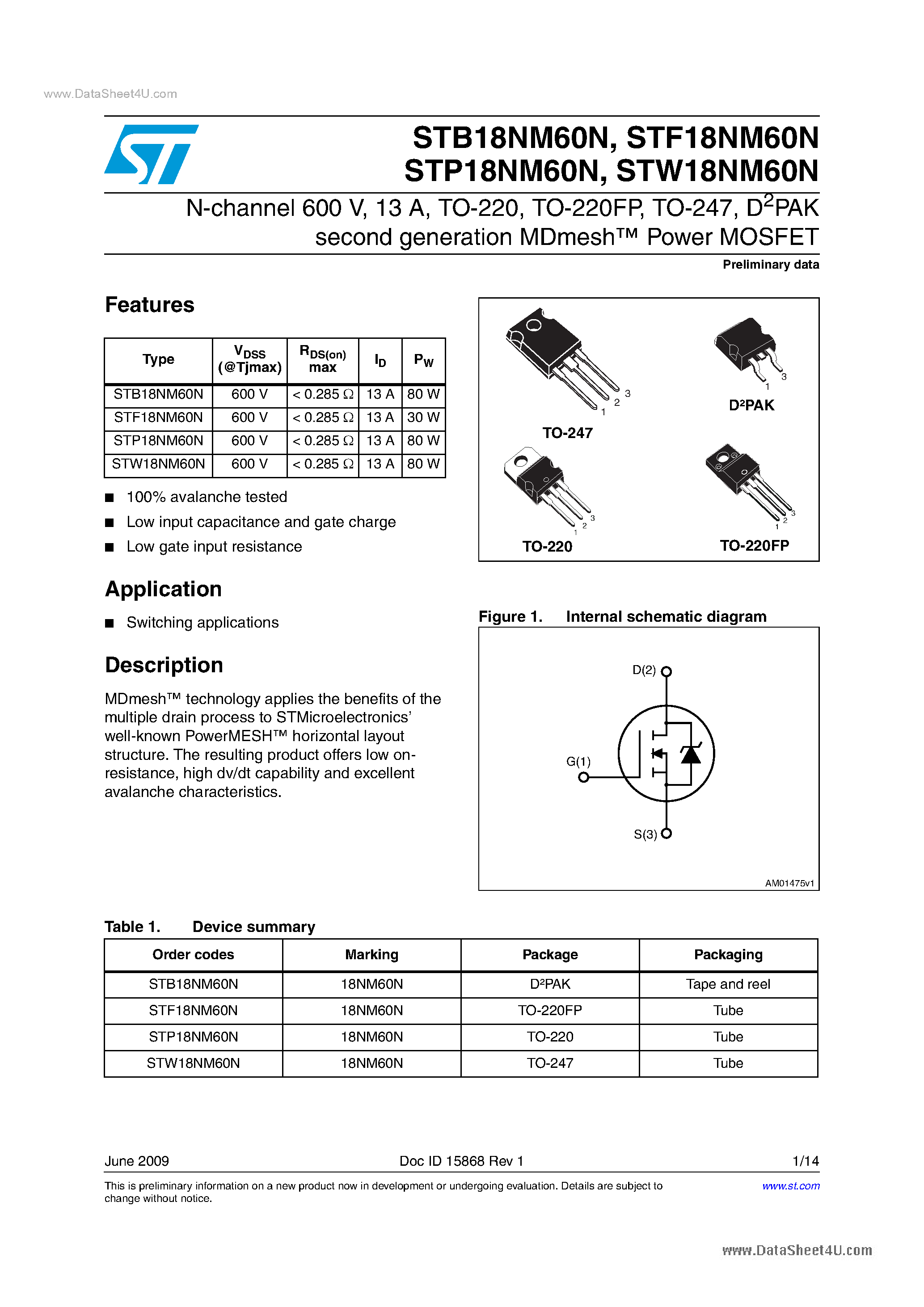Datasheet STP18NM60N - Power MOSFET page 1