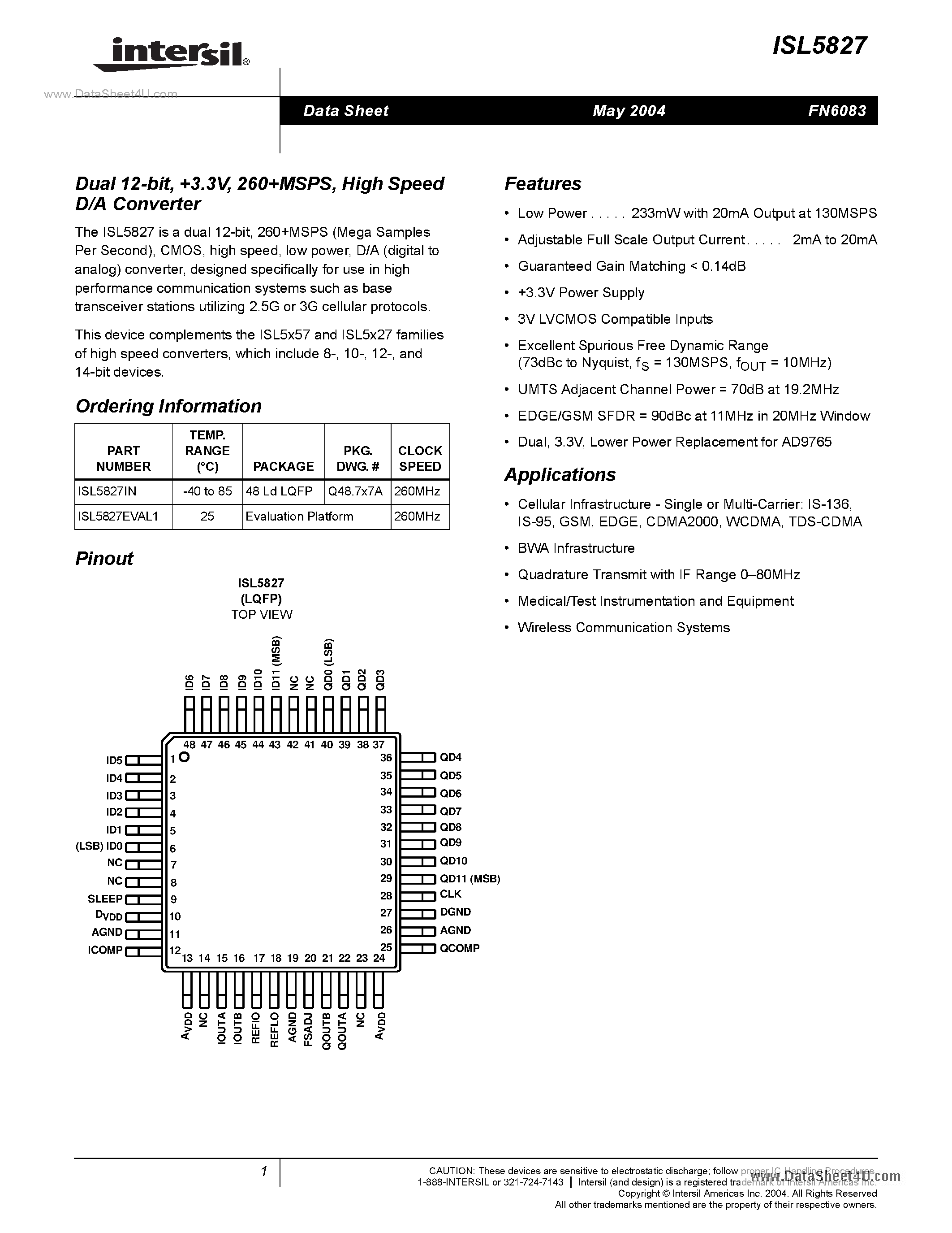 Даташит ISL5827 - High Speed D/A Converter страница 1