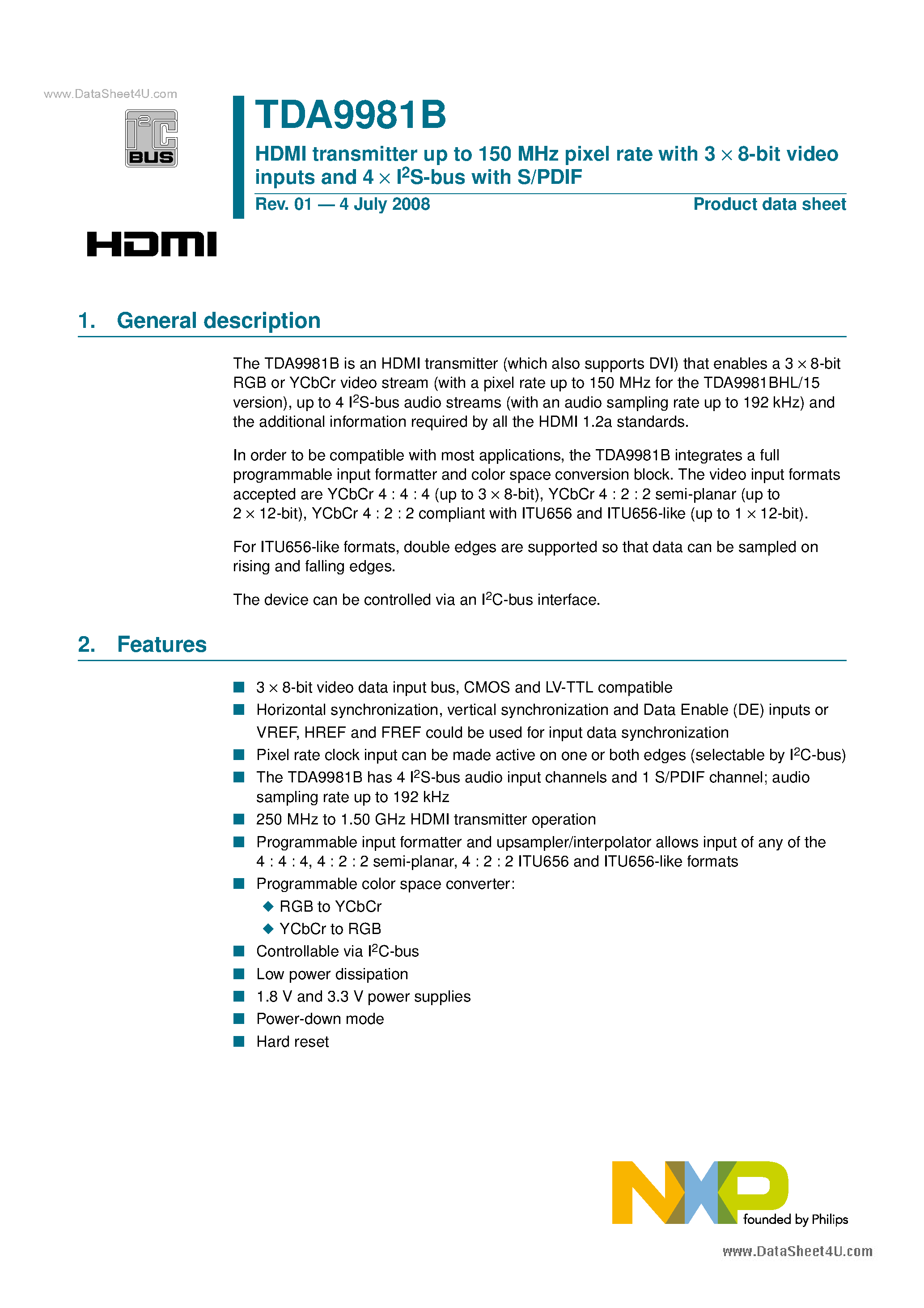 Datasheet TDA9981B page 1 Datasheet TDA9981B - HDMI transmitter up to 150 MHz pixel rate page 1