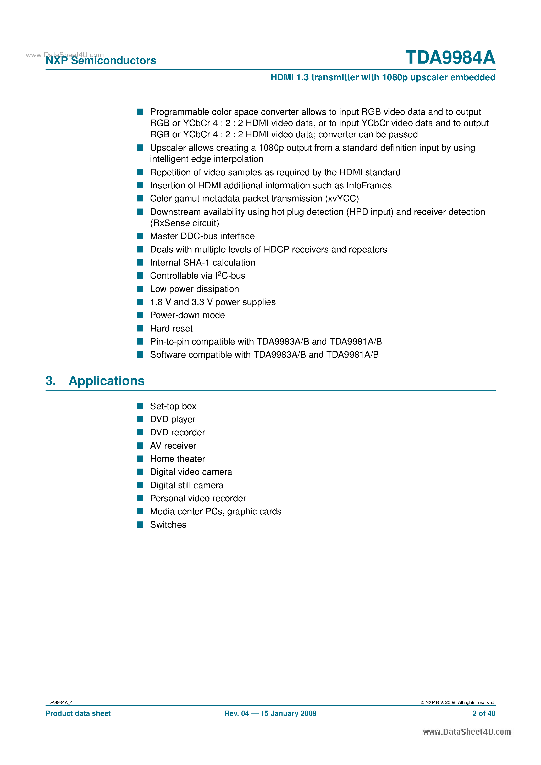 Даташит на микросхему TDA9984A страница 2 Даташит TDA9984A - HDMI 1.3 transmitter страница 2