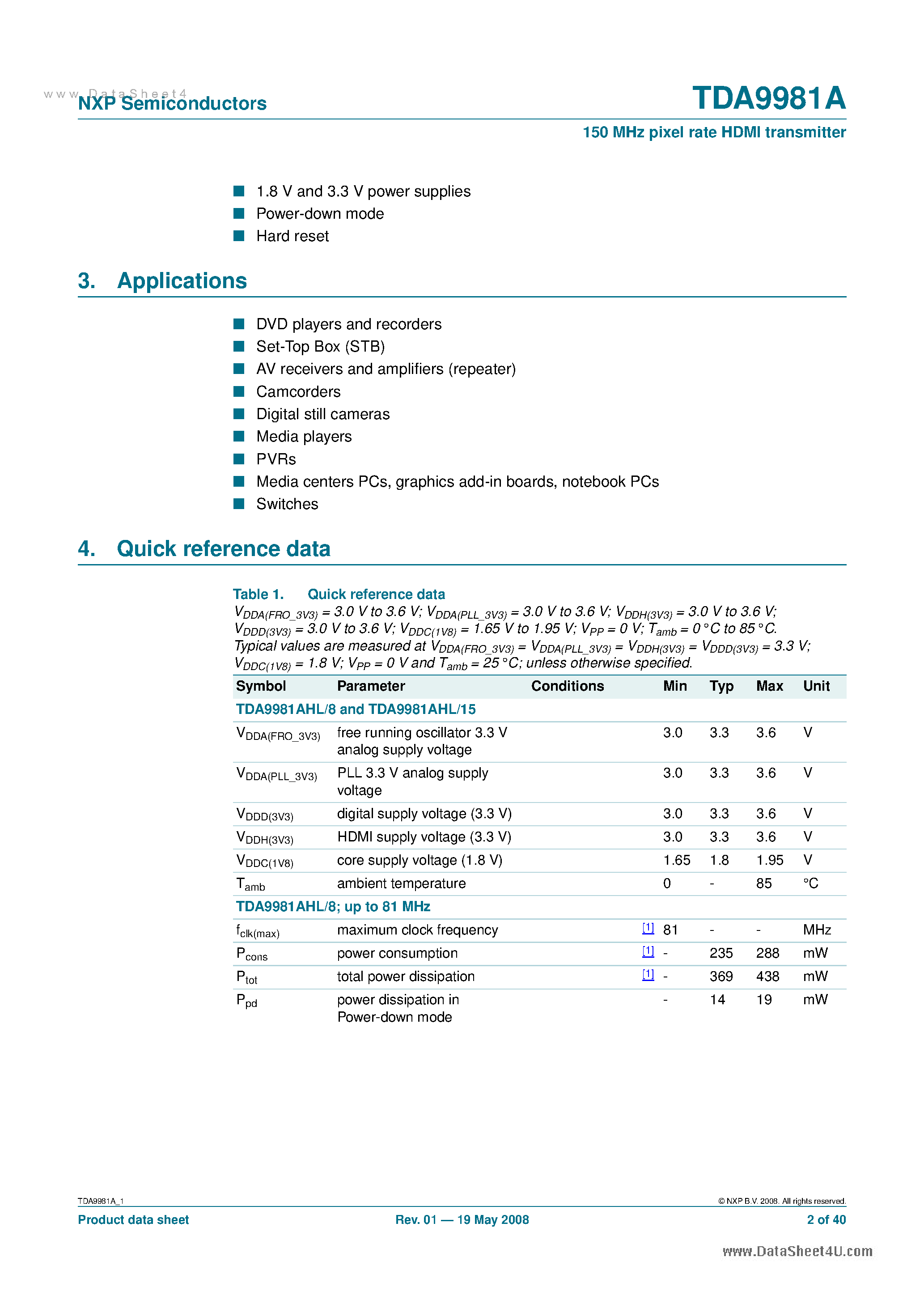 Datasheet TDA9981A page 2 Datasheet TDA9981A - HDMI Transmitter Up To 150 MHz Pixel Rate page 2