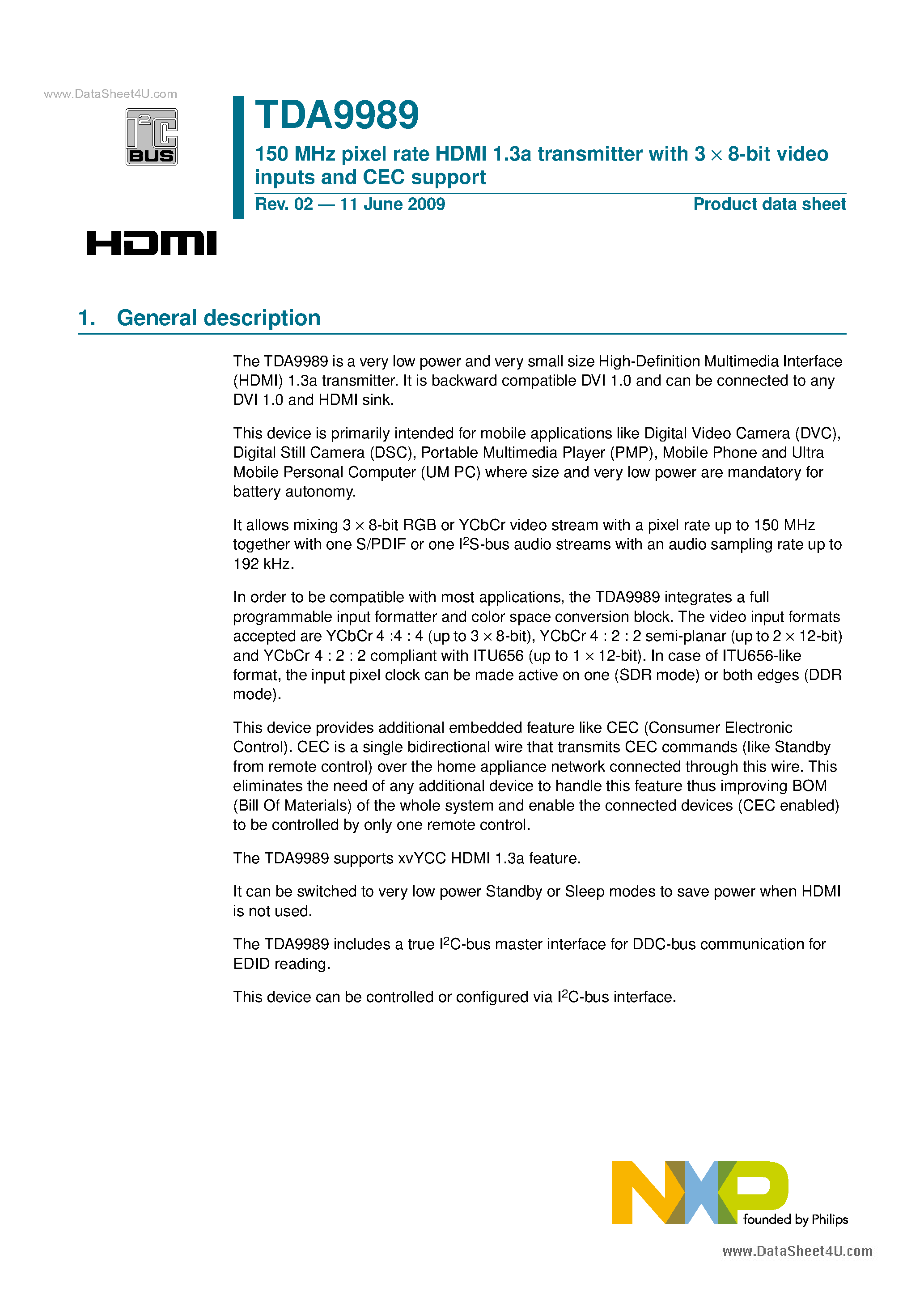 Datasheet TDA9989 - 150 MHz Pixel Rate HDMI 1.3a Transmitter page 1