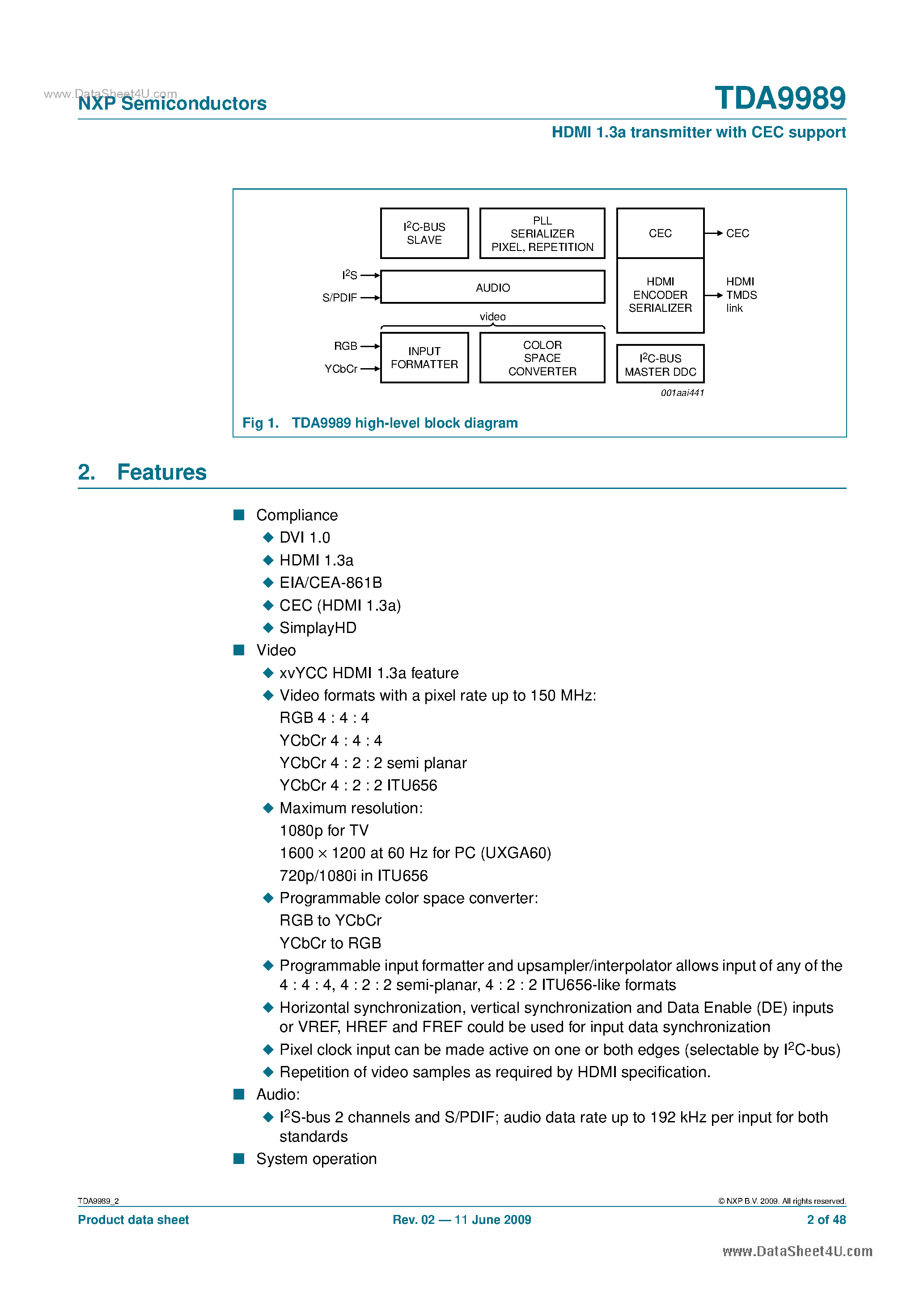 Datasheet TDA9989 - 150 MHz Pixel Rate HDMI 1.3a Transmitter page 2
