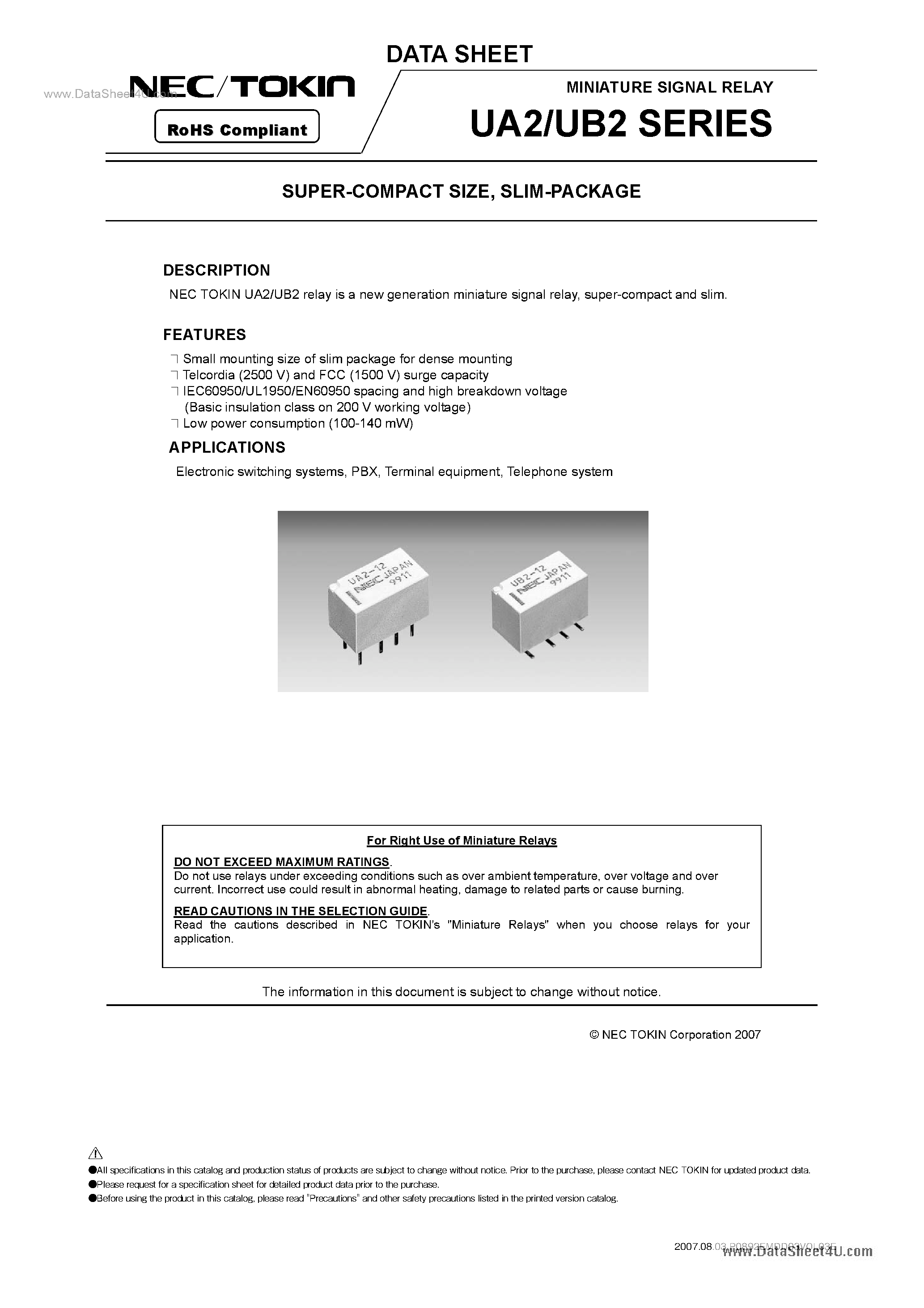 Datasheet UB2 page 1 Datasheet UB2 - Miniature Signal Relay page 1