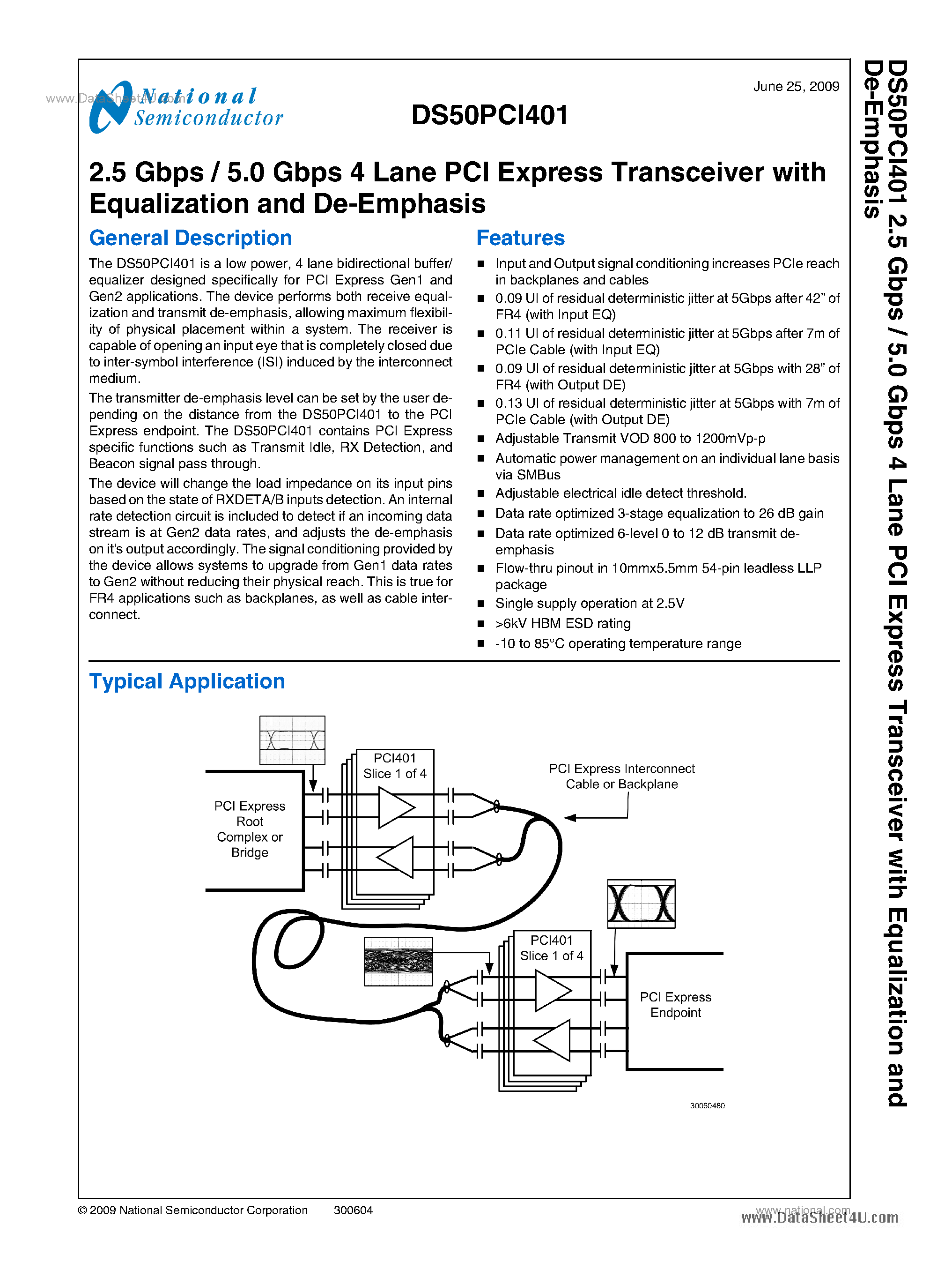 Datasheet DS50PCI401 - 2.5 Gbps / 5.0 Gbps 4 Lane PCI Express Transceiver page 1