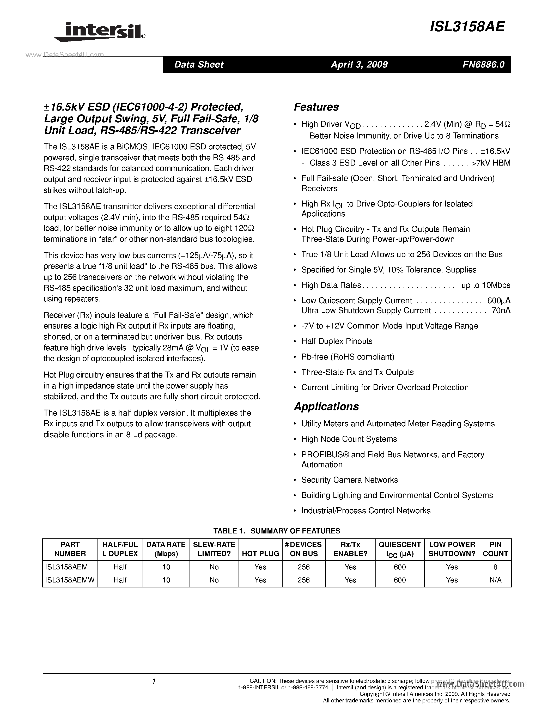 Даташит ISL3158AE - RS-485/RS-422 Transceiver страница 1