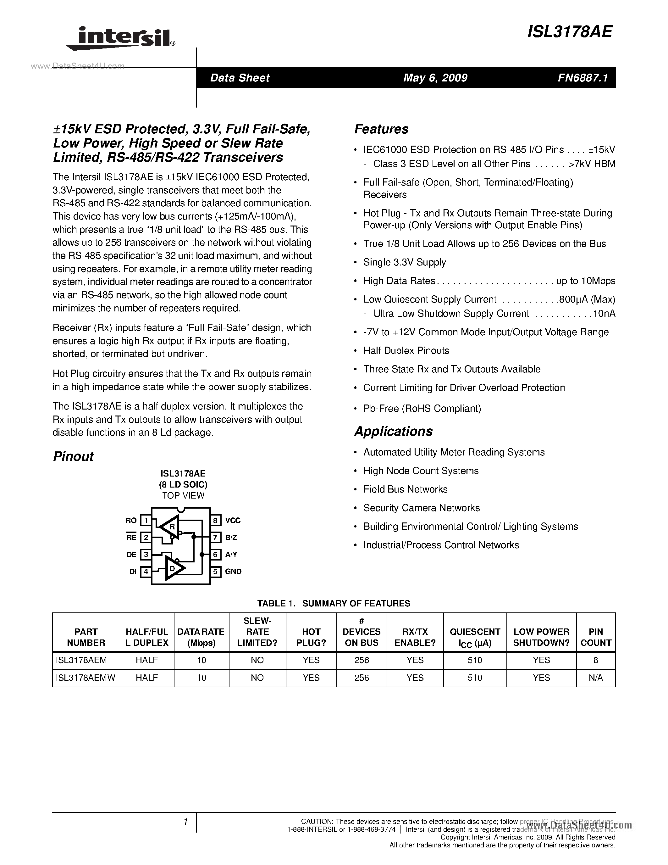 Даташит ISL3178AE - RS-485/RS-422 Transceivers страница 1