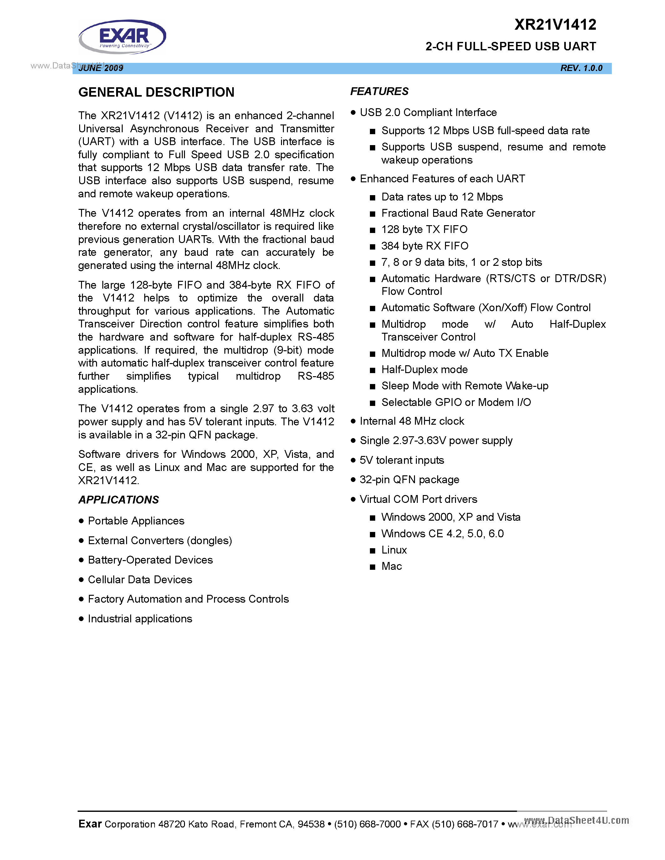 Datasheet XR21V1412 - 2-Ch Full-Speed USB UART page 1