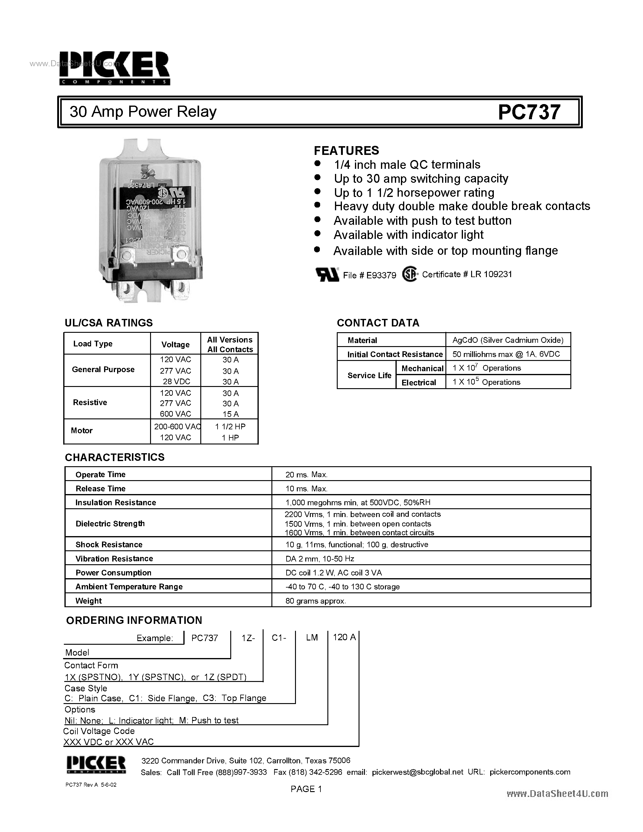 Datasheet PC737 - 30 Amp Power Relay page 1
