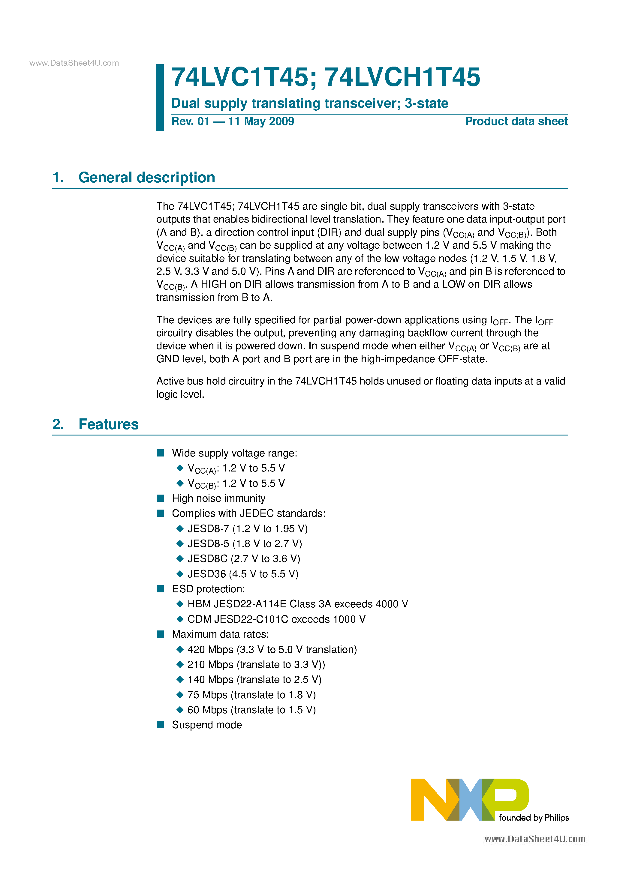Даташит 74LVC1T45 - Dual Supply Translating Transceiver страница 1