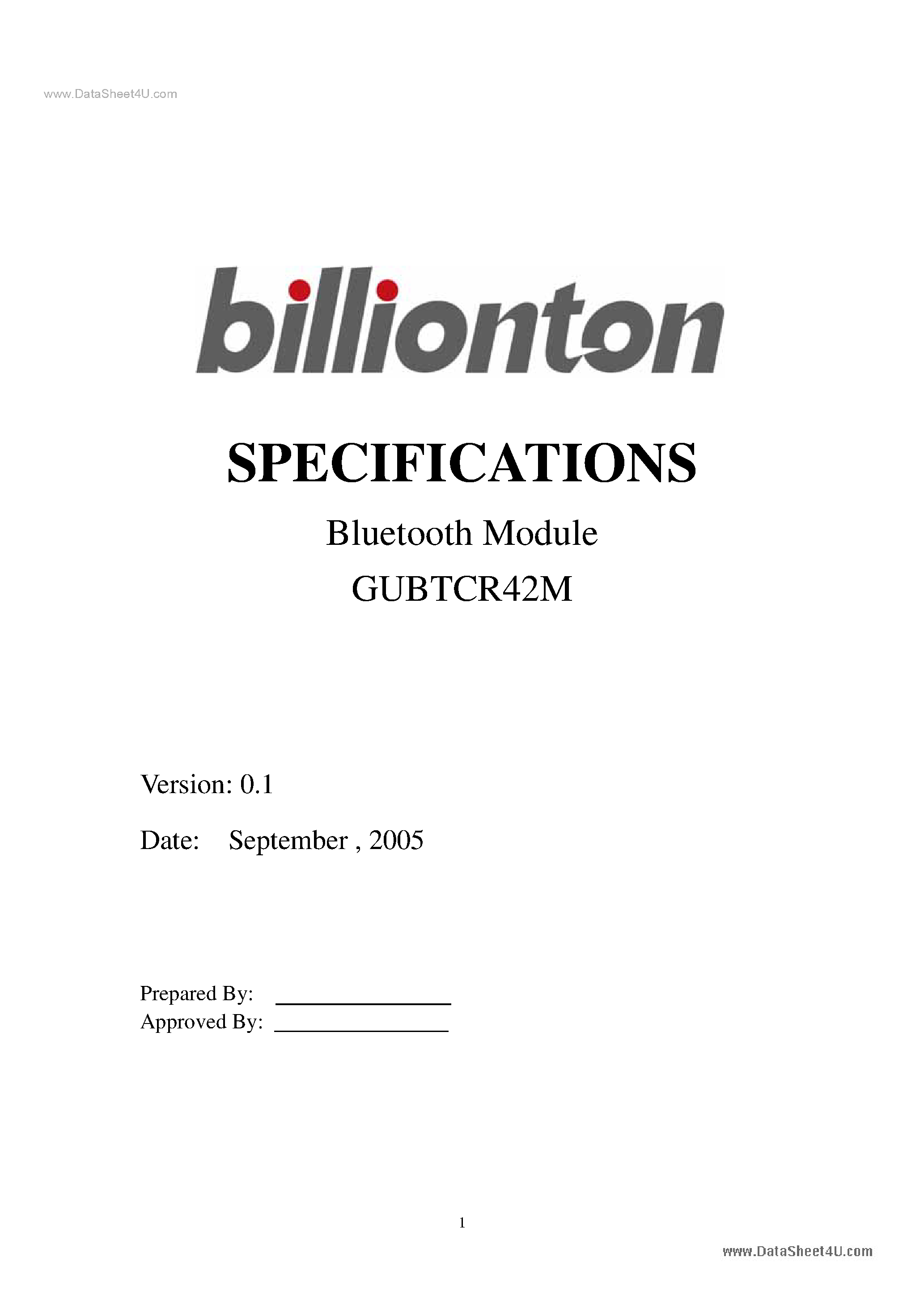 Даташит на микросхему GUBTCR42M страница 1 Даташит GUBTCR42M - Bluetooth Module страница 1