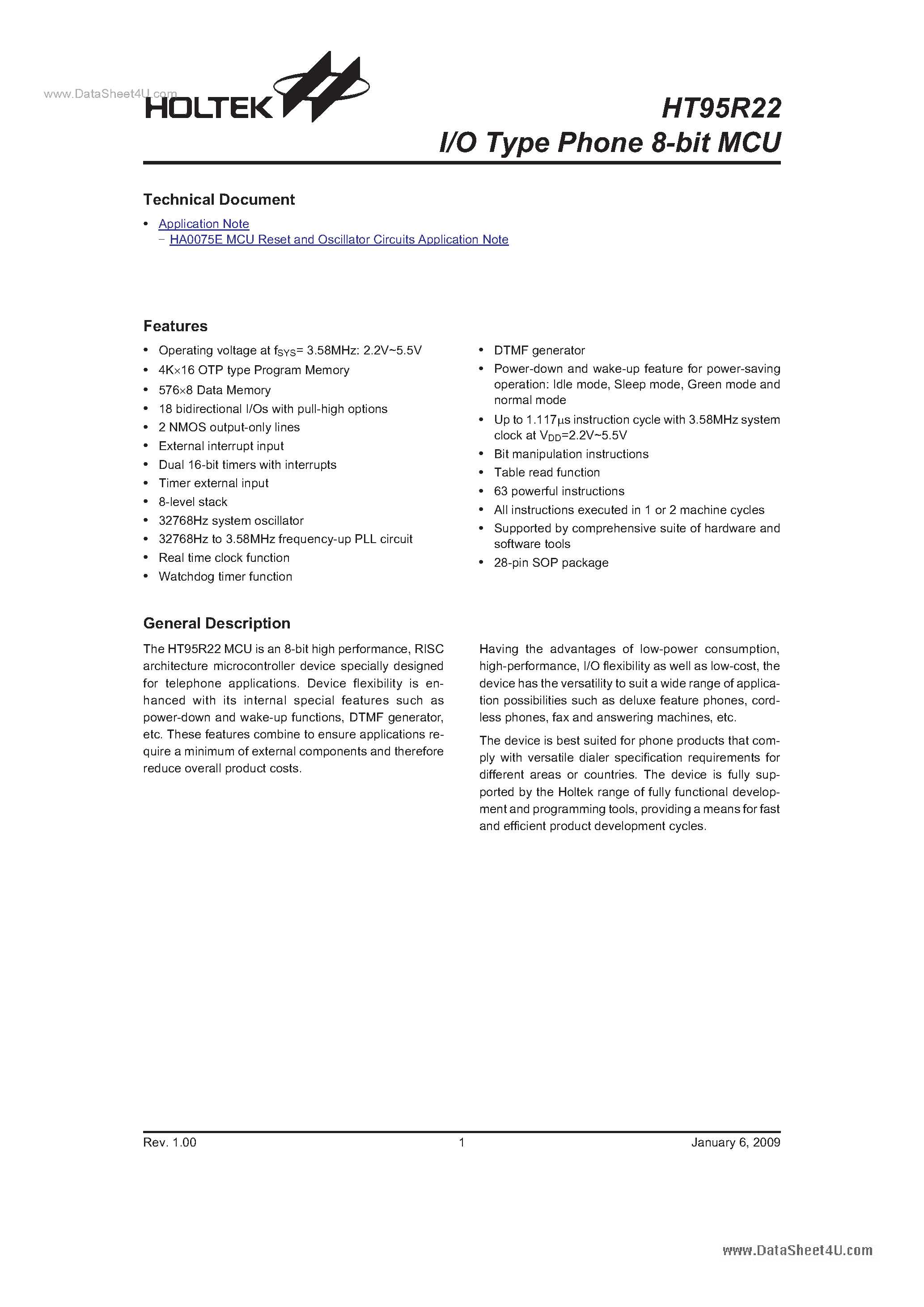 Datasheet HT95R22 - I/O Type Phone 8-Bit MCU page 1