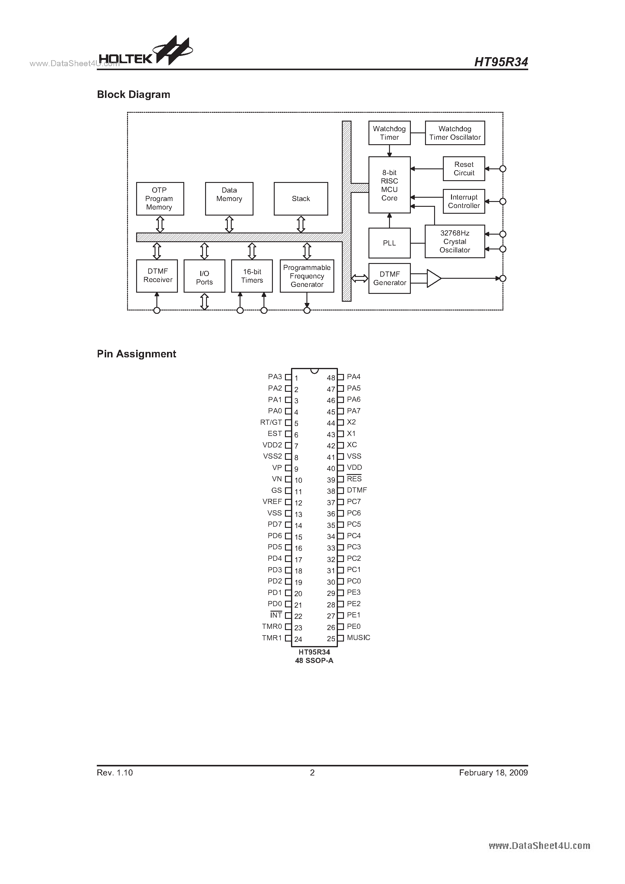 Datasheet HT95R34 page 2 Datasheet HT95R34 - I/O Type Phone 8-Bit MCU page 2