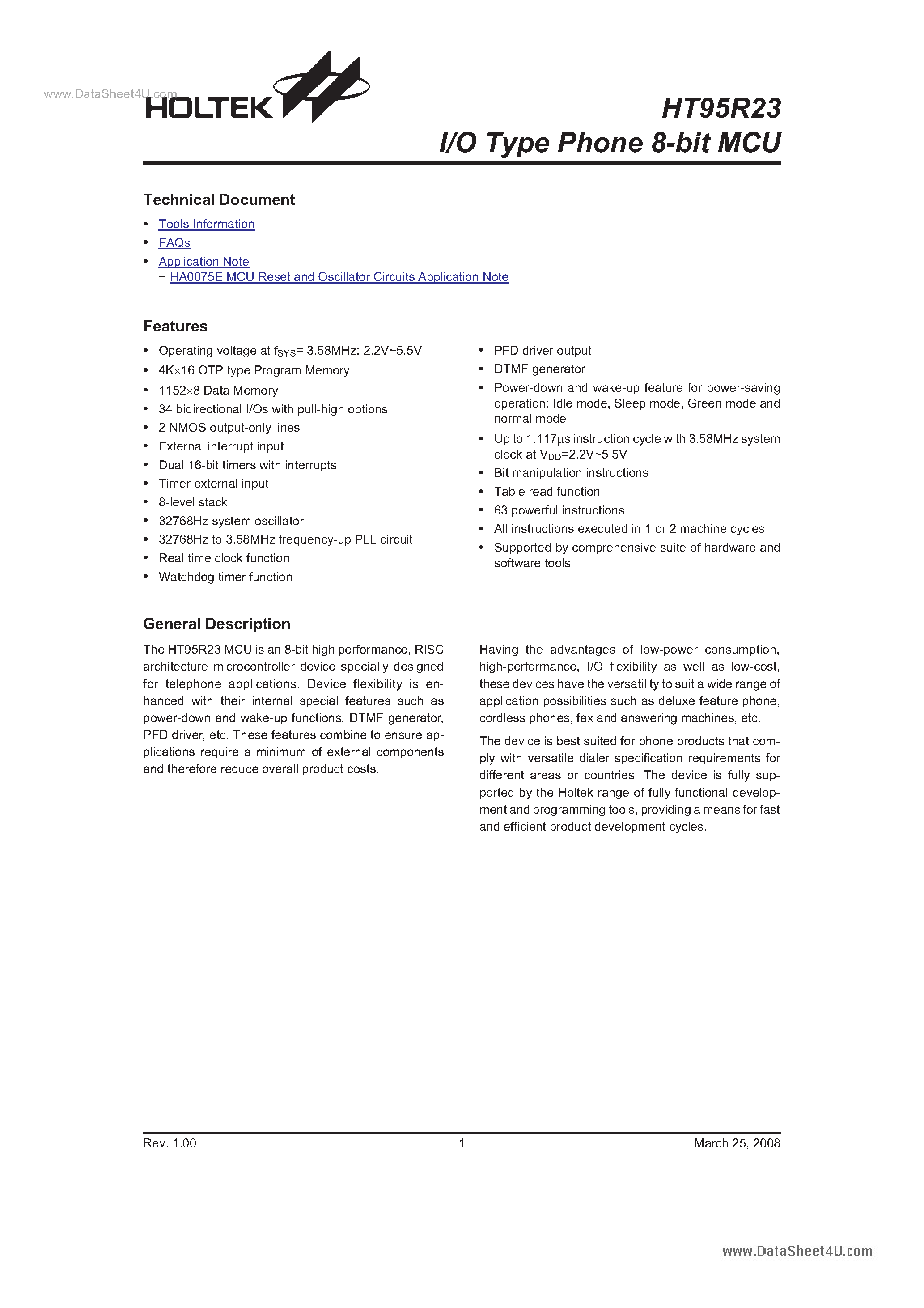 Datasheet HT95R23 page 1 Datasheet HT95R23 - I/O Type Phone 8-Bit MCU page 1