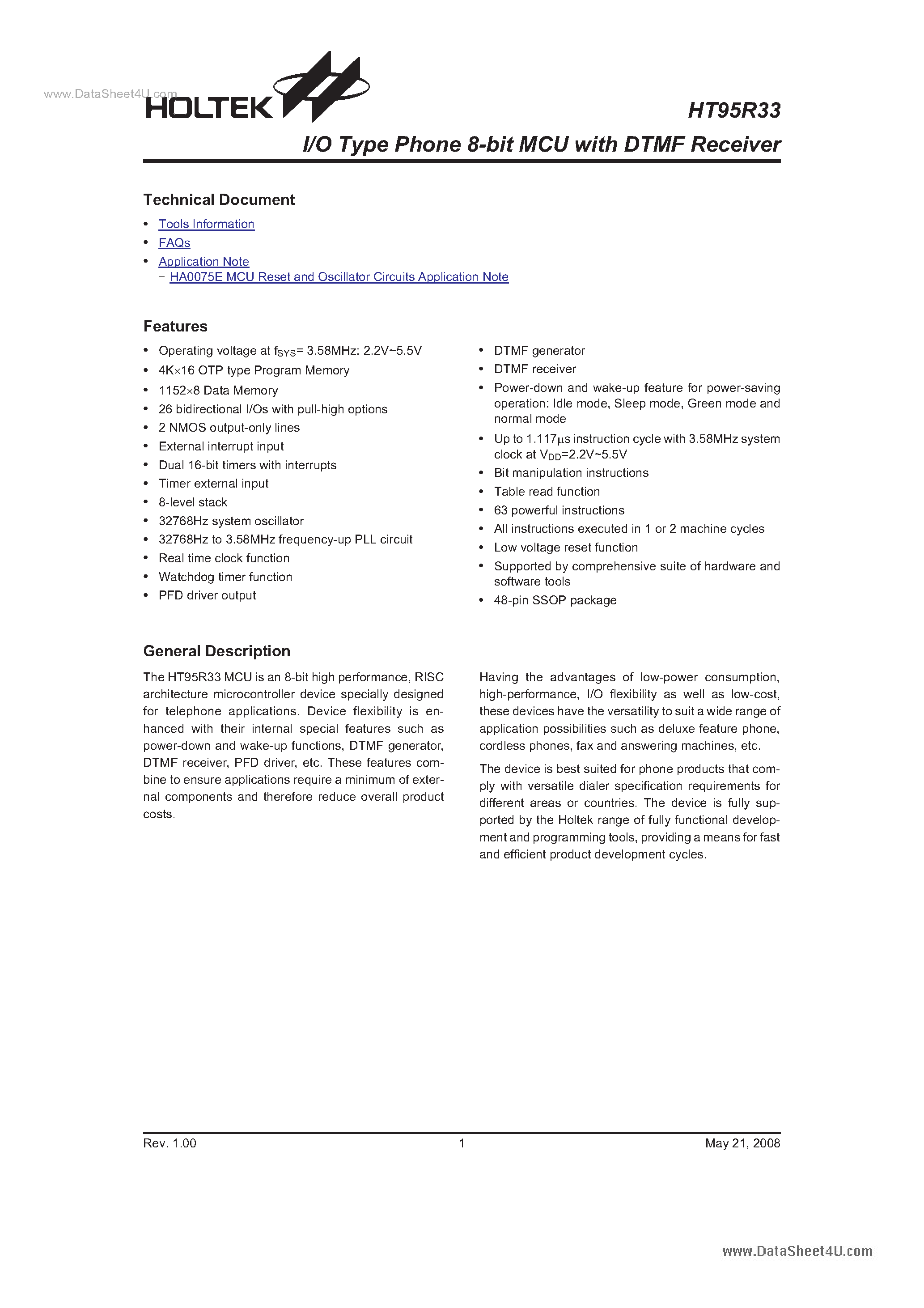 Datasheet HT95R33 page 1 Datasheet HT95R33 - I/O Type Phone 8-Bit MCU page 1