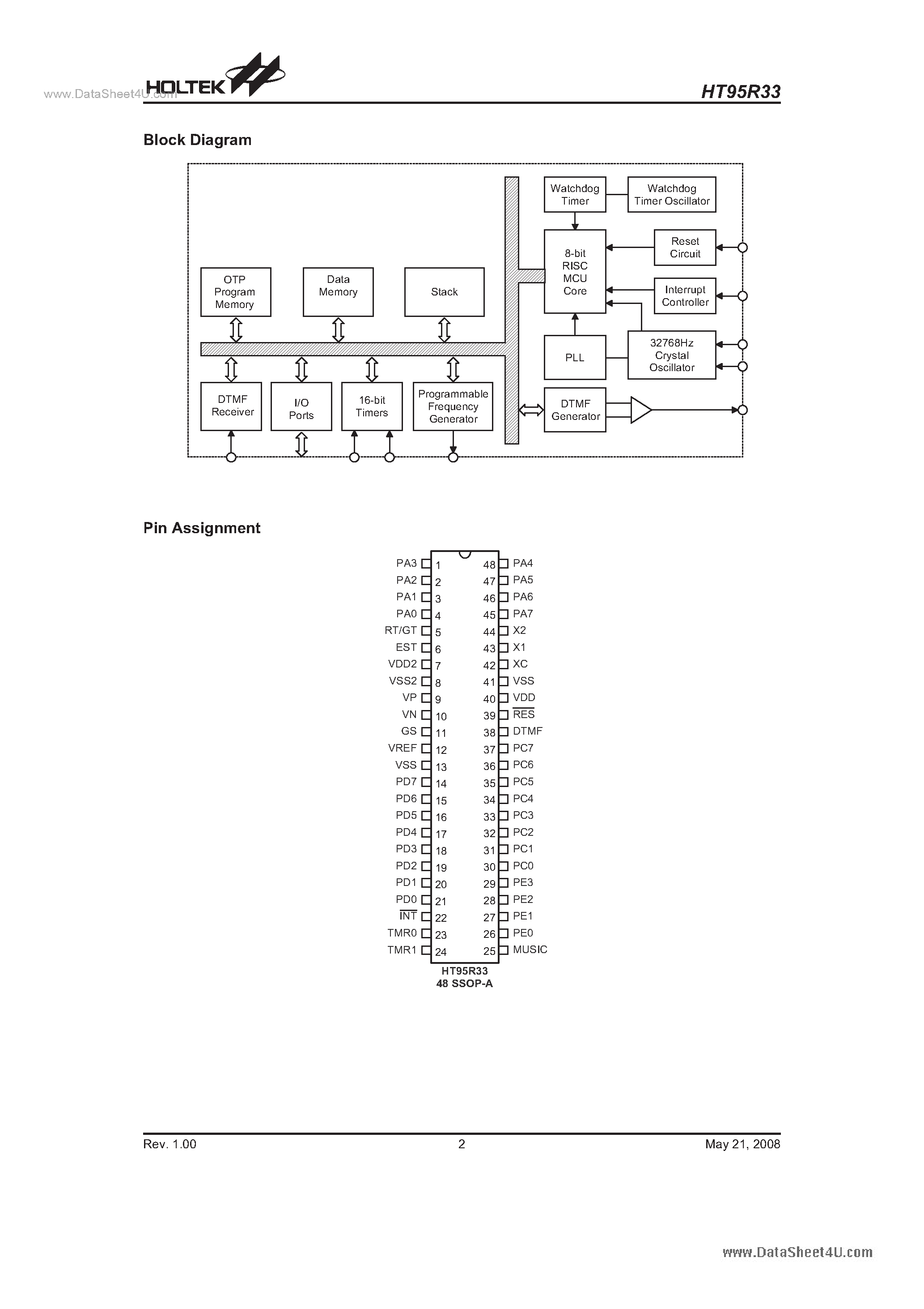 Datasheet HT95R33 page 2 Datasheet HT95R33 - I/O Type Phone 8-Bit MCU page 2