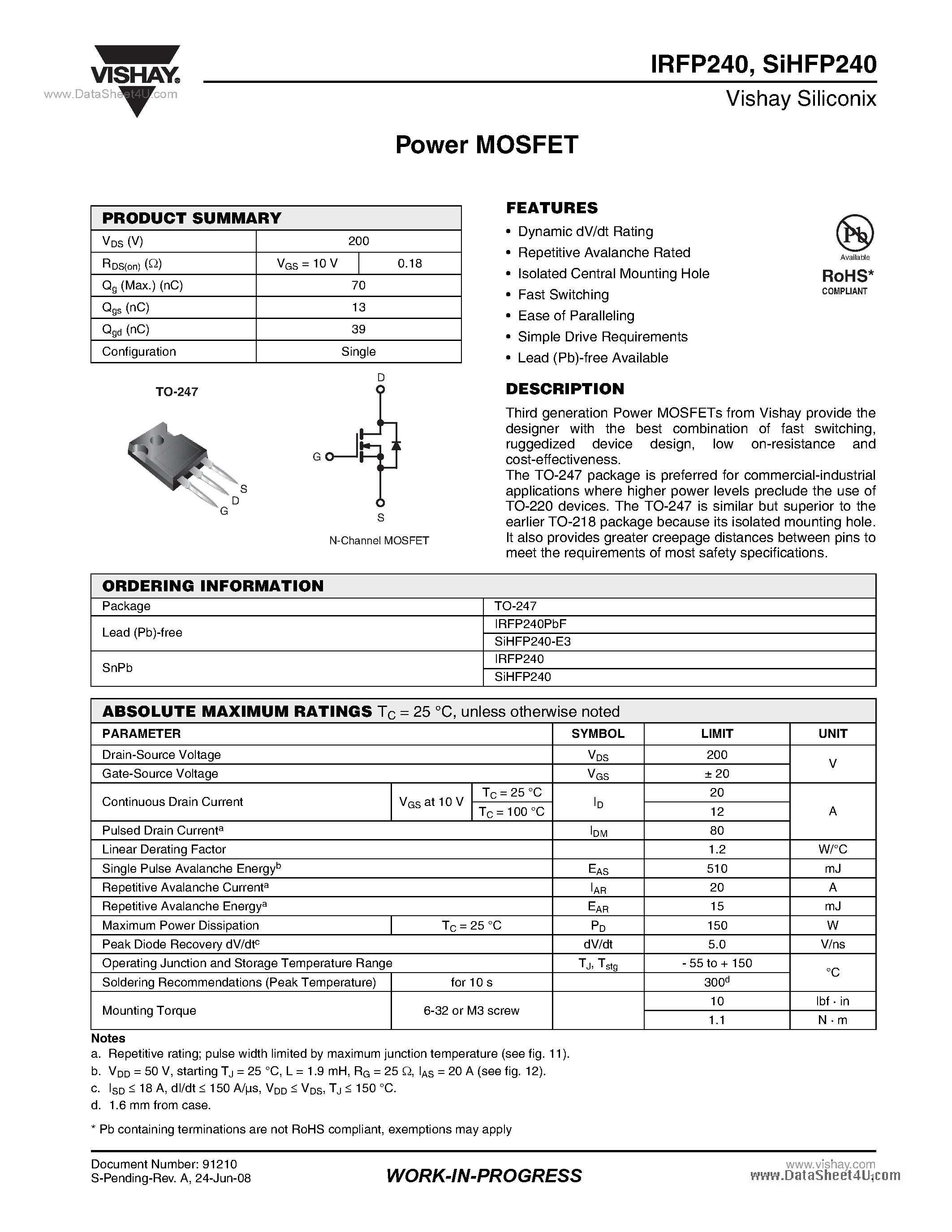 Даташит IRFP240 - Power MOSFET страница 1