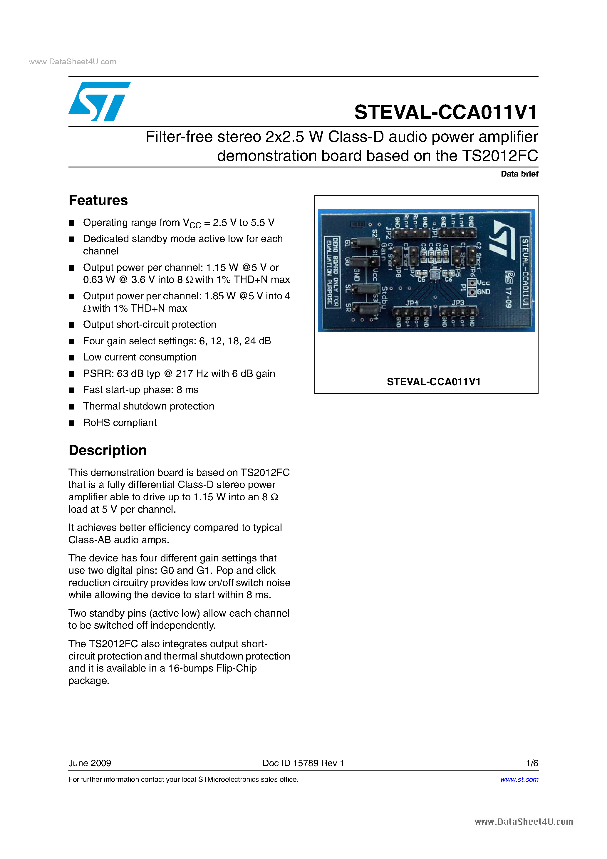 Datasheet STEVAL-CCA011V1 page 1 Datasheet STEVAL-CCA011V1 - Product Evaluation Boards page 1