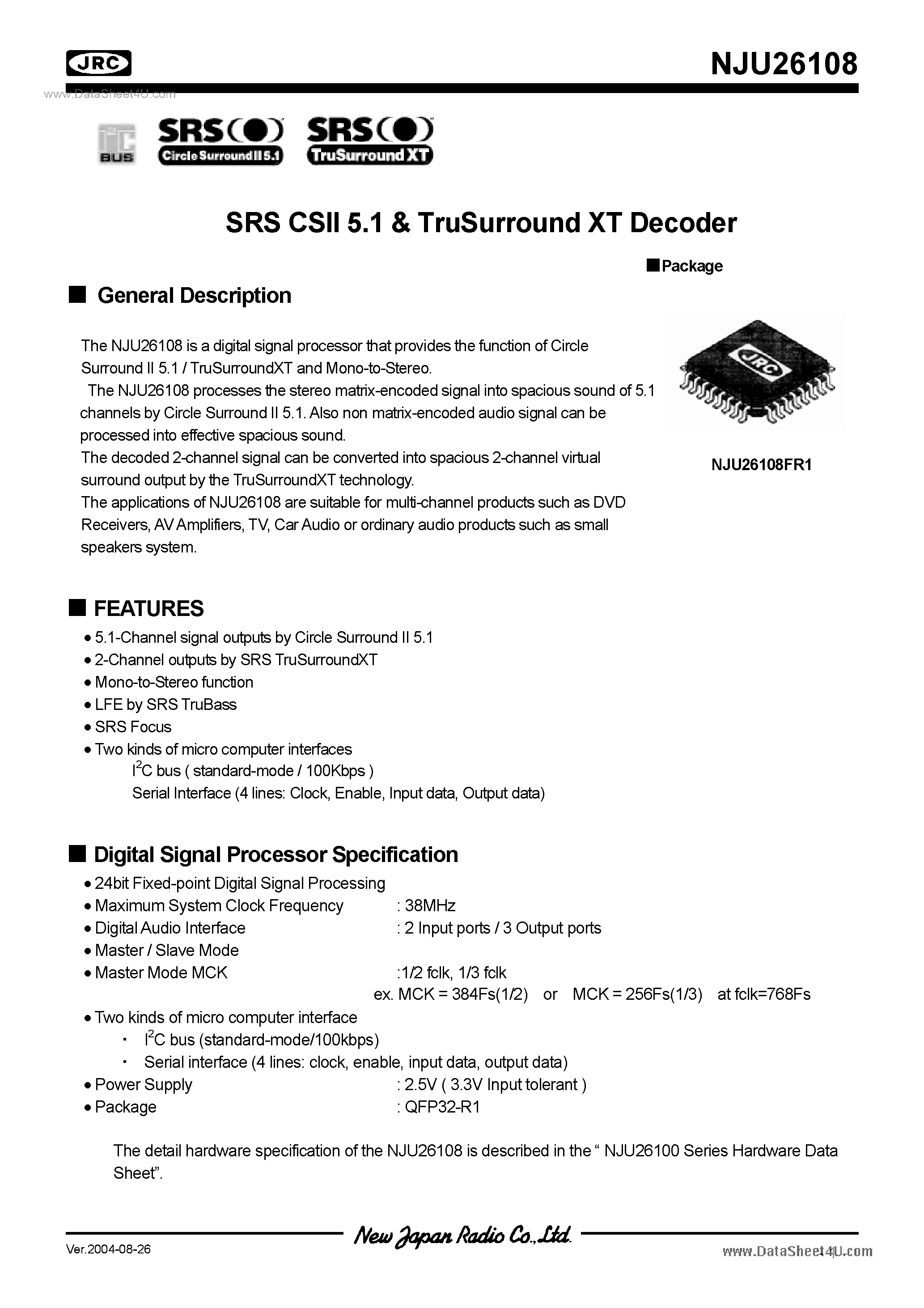Datasheet NJU26108 - SRS CSII 5.1 AND TruSurround XT Decoder page 1