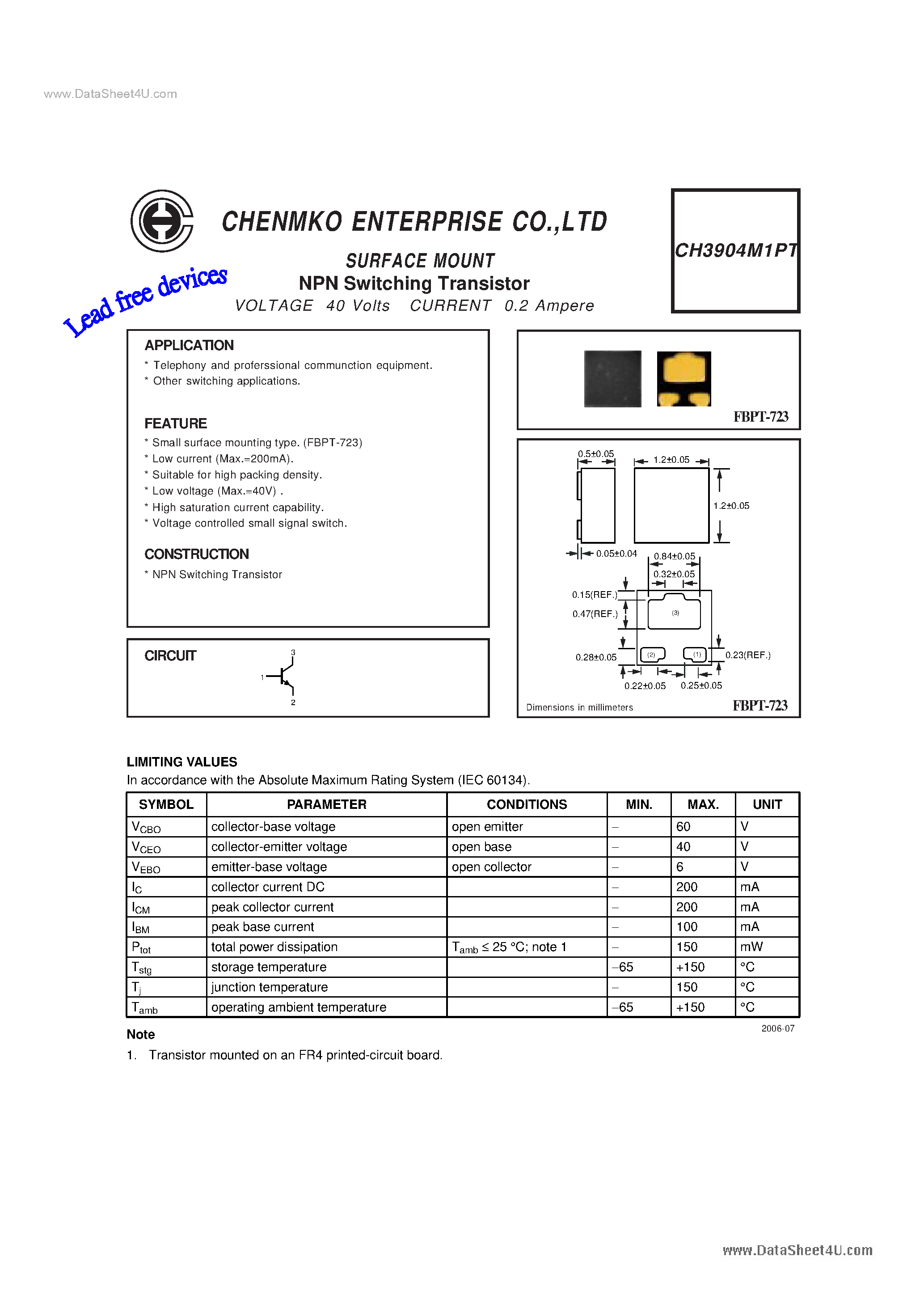 Даташит на микросхему CH3904M1PT страница 1 Даташит CH3904M1PT - Switching Transistor страница 1