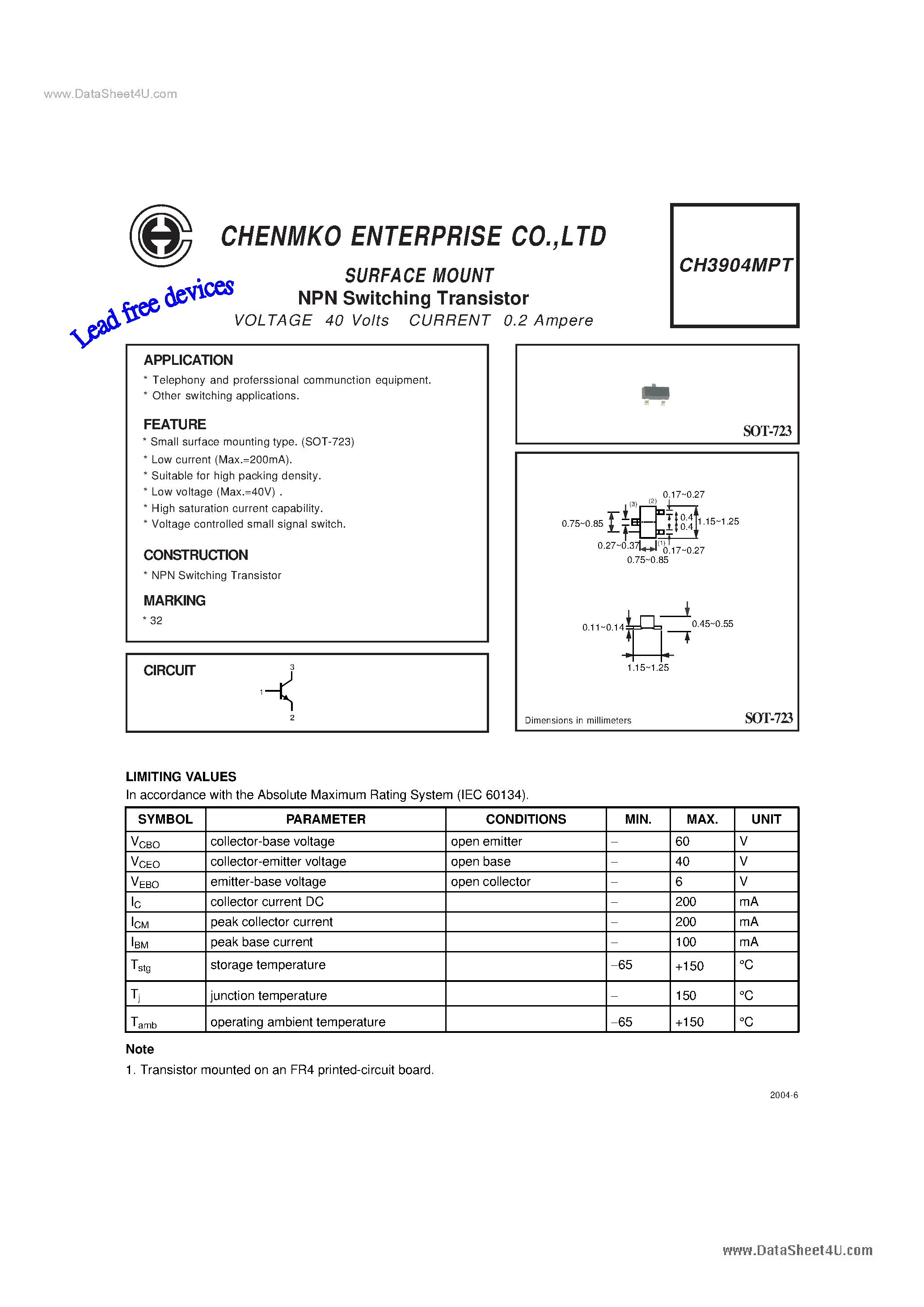Даташит на микросхему CH3904MPT страница 1 Даташит CH3904MPT - Switching Transistor страница 1