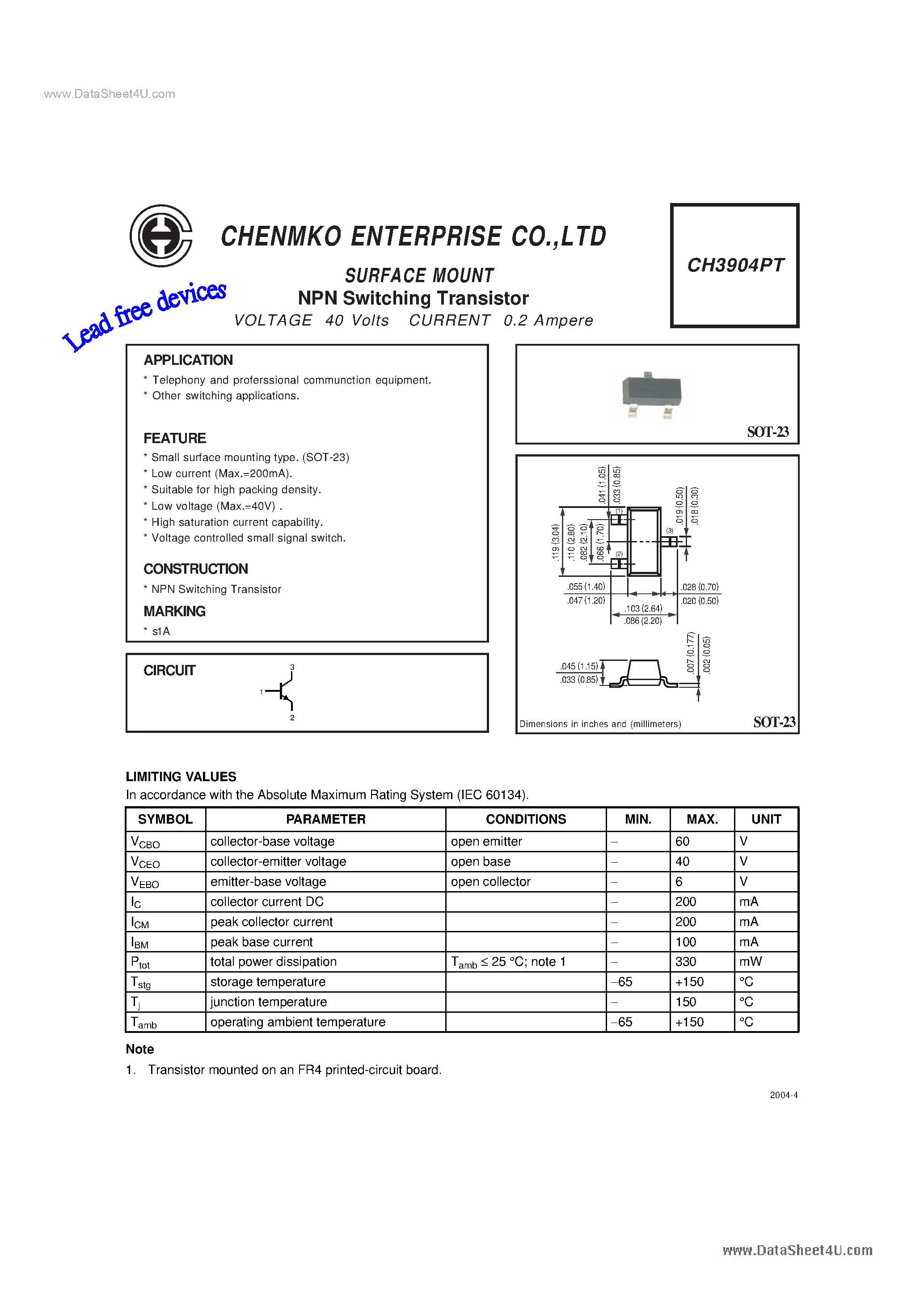 Даташит на микросхему CH3904PT страница 1 Даташит CH3904PT - Switching Transistor страница 1