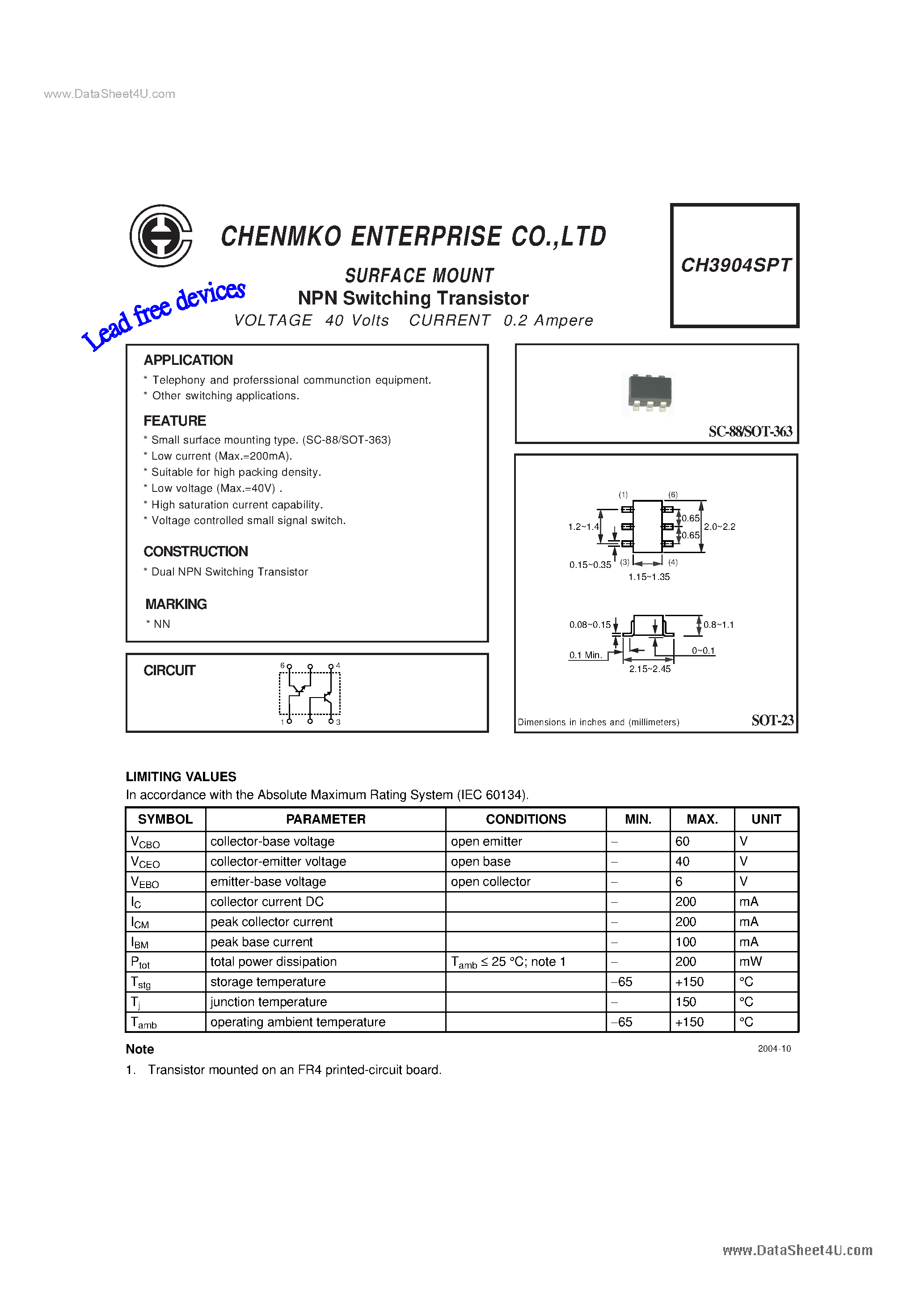 Даташит на микросхему CH3904SPT страница 1 Даташит CH3904SPT - Switching Transistor страница 1