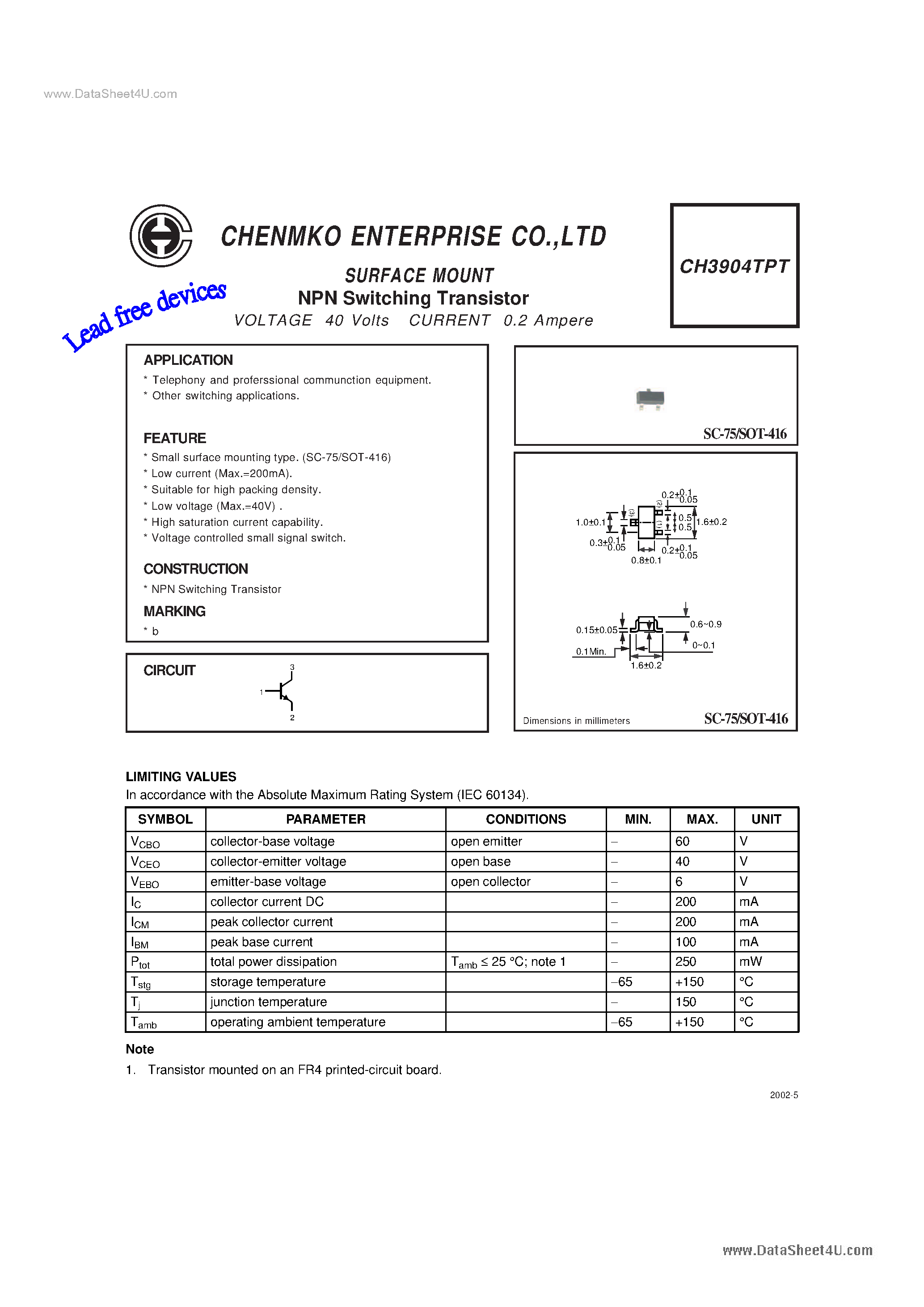 Даташит на микросхему CH3904TPT страница 1 Даташит CH3904TPT - Switching Transistor страница 1